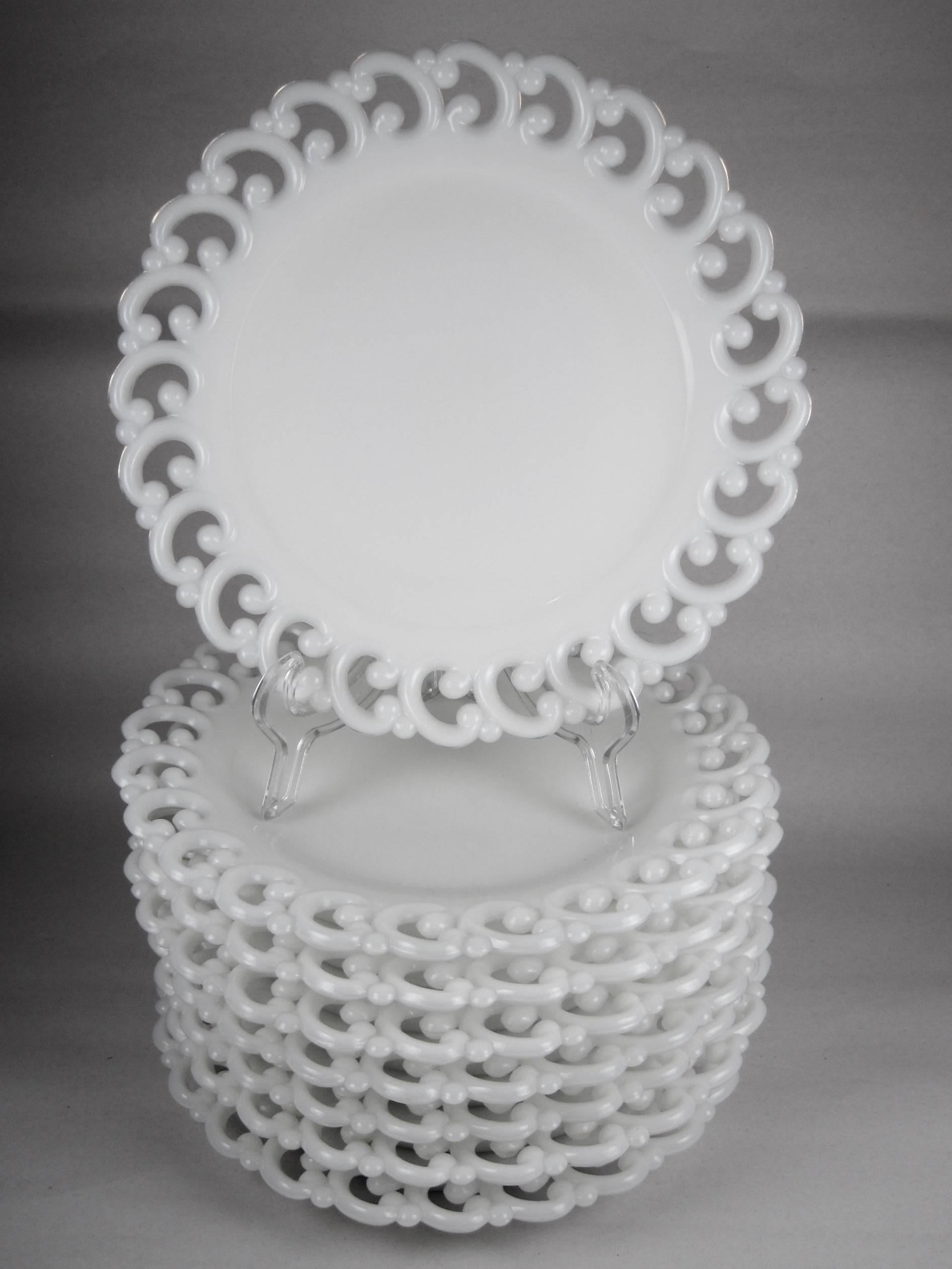 A scarce set of eight American milk glass, lace edge 9