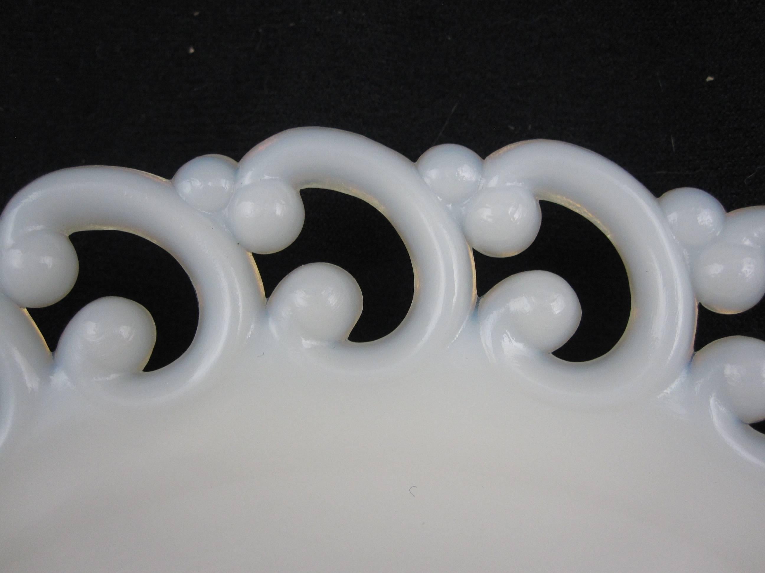 Molded Lace Edged American Milk Glass Dinner Plates, Set of Eight