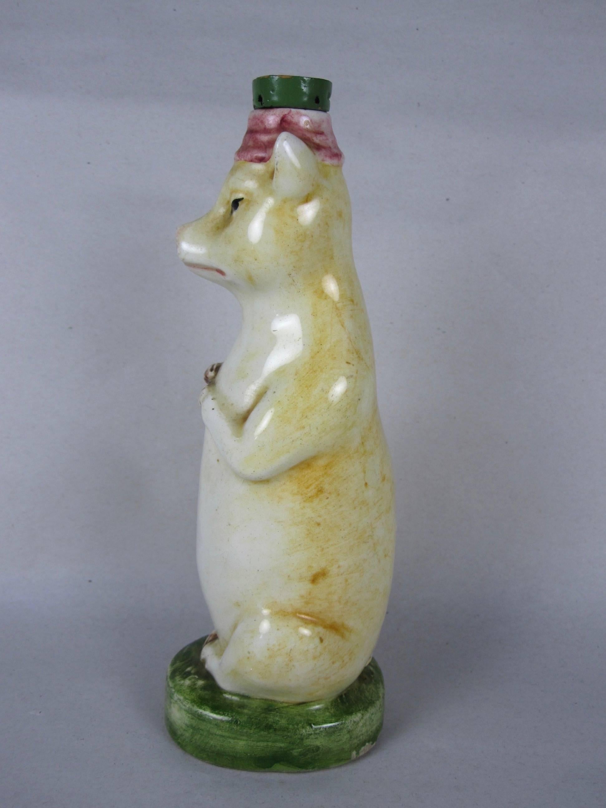 Antique French Majolica Figural Pig Bottle In Excellent Condition In Philadelphia, PA