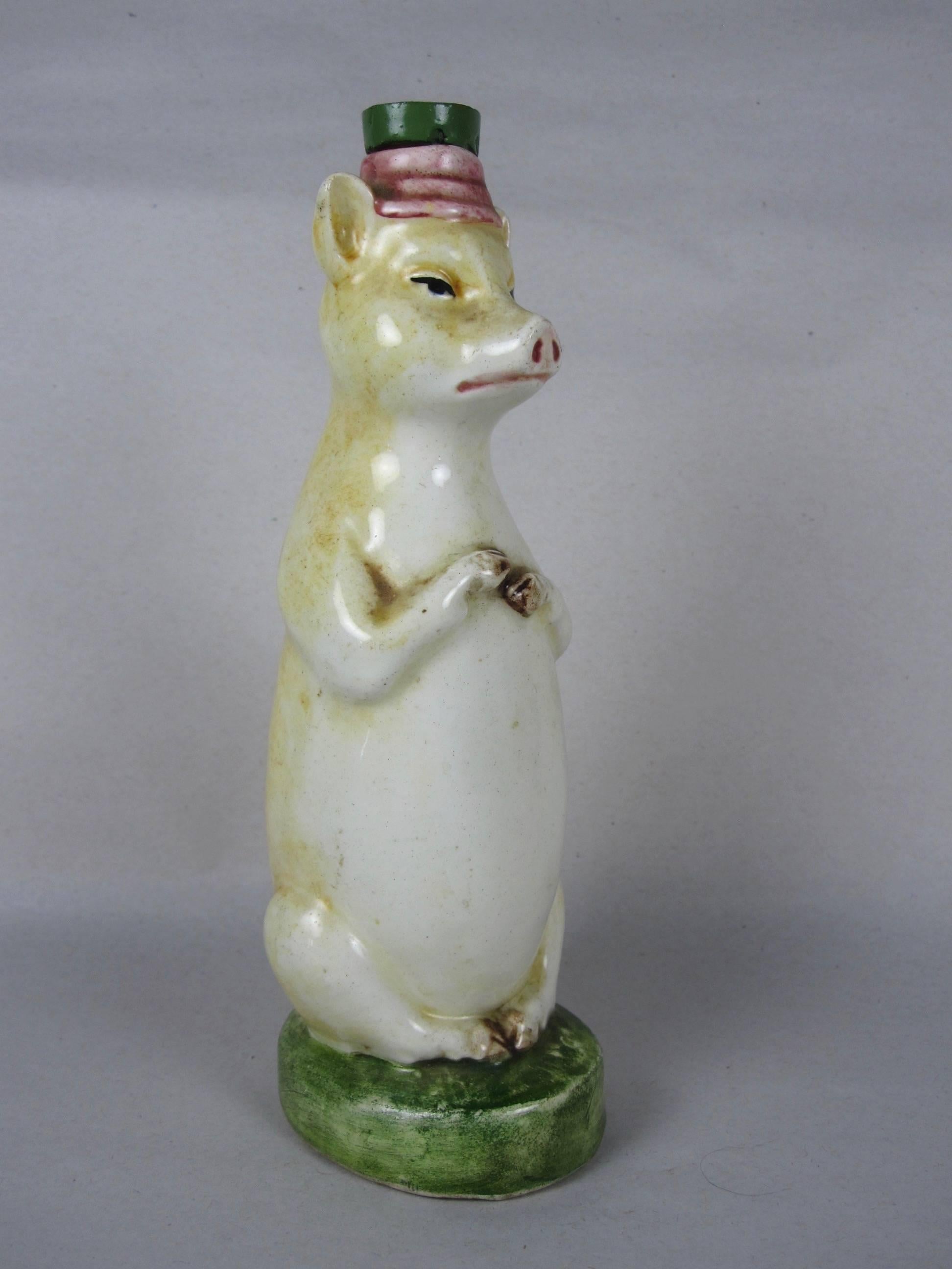 Glazed Antique French Majolica Figural Pig Bottle