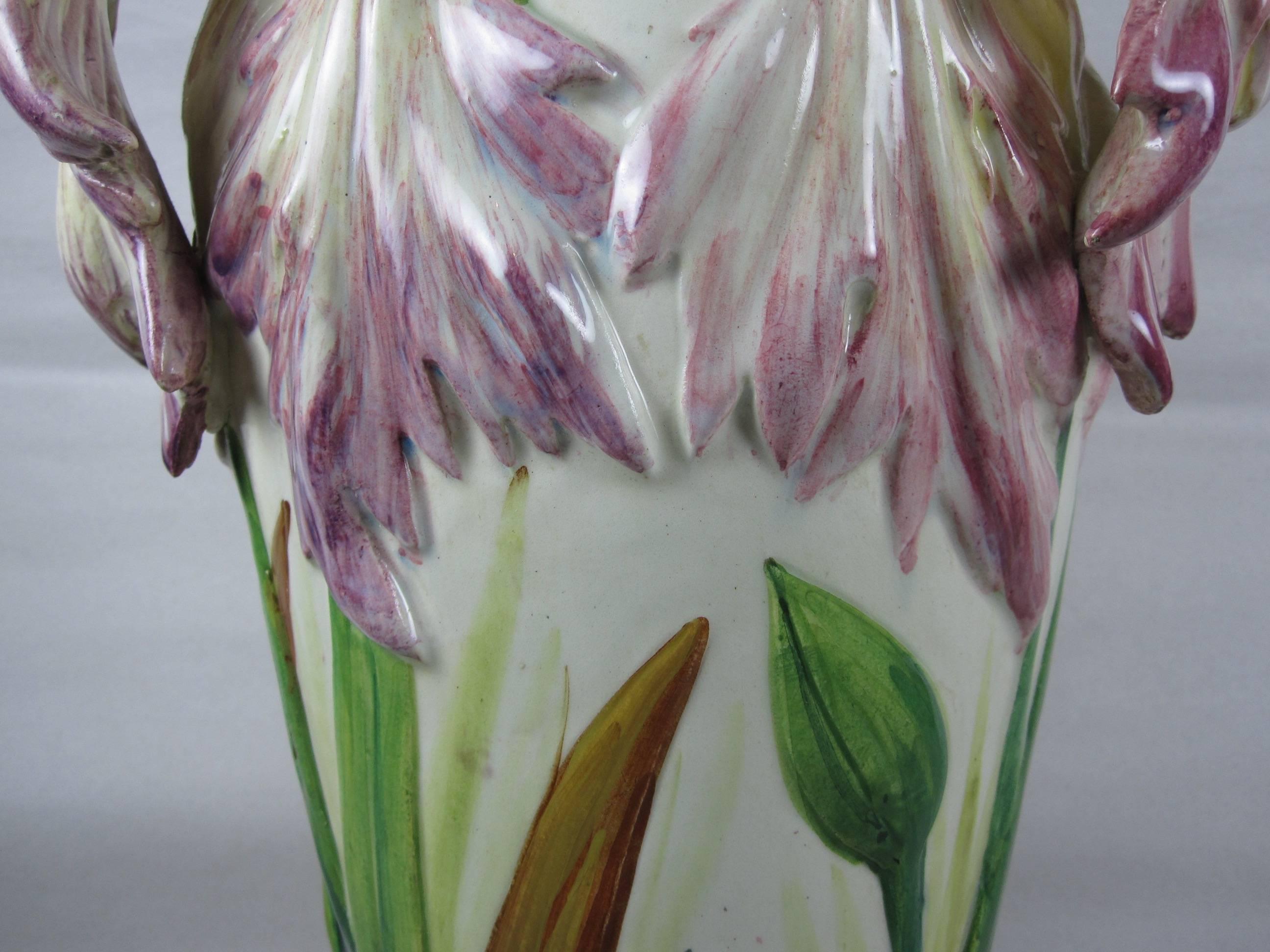 Glazed  Delphin Massier, Vallauris Parrot Tulip Vase, Southern France Late 19th Century