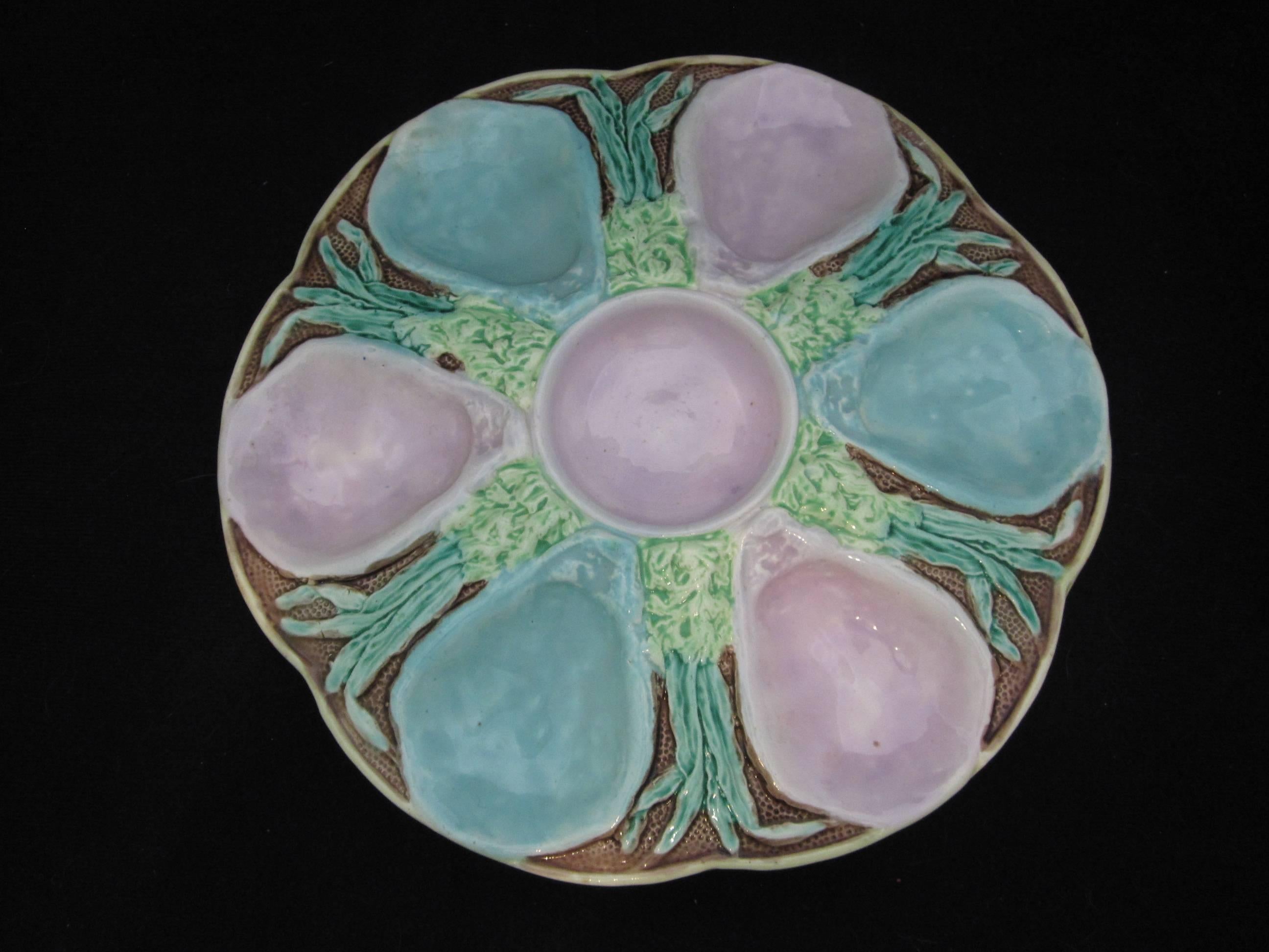 Glazed Longchamps French Majolica Six Well Oyster Plate