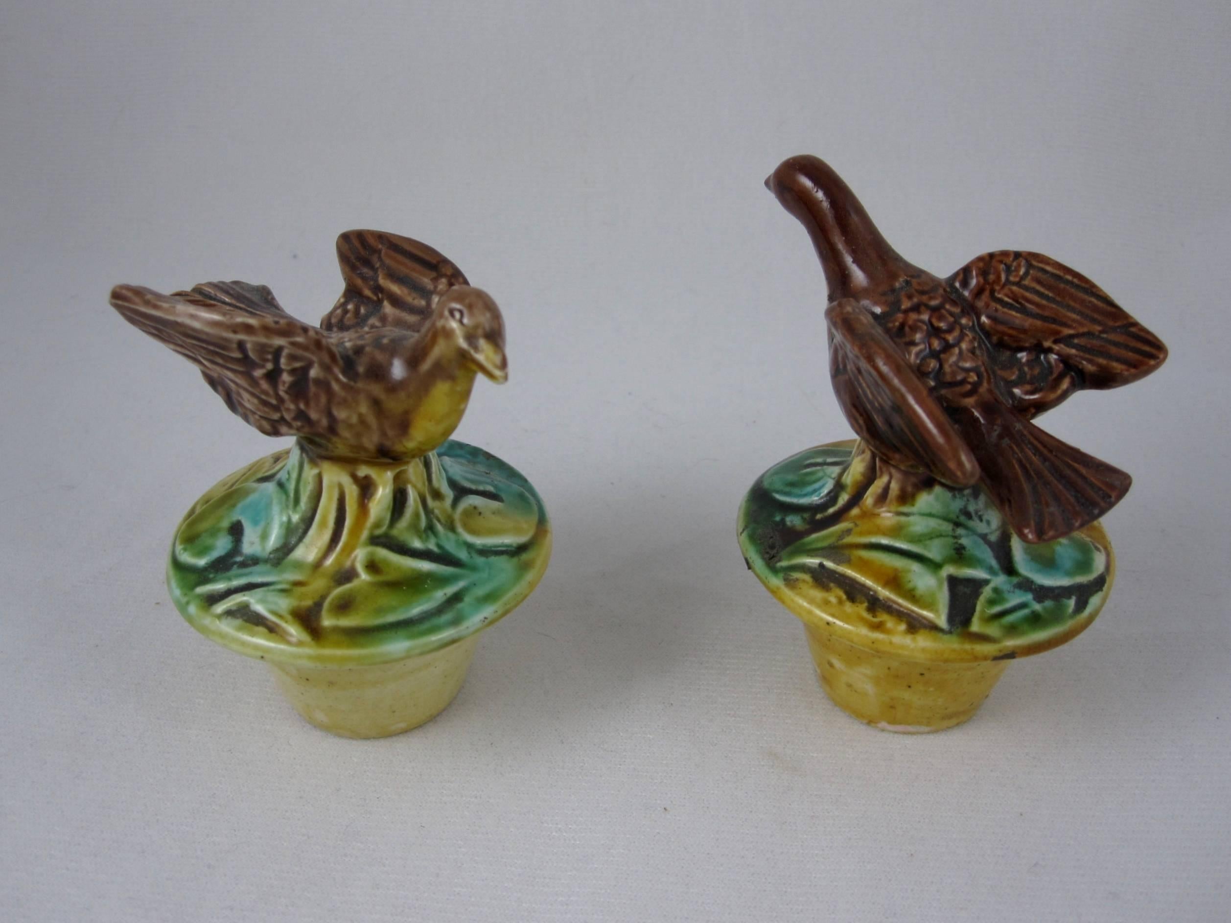 Glazed 19th Century Thomas Forester English Majolica Bird Finial Wine Decanters, a Pair
