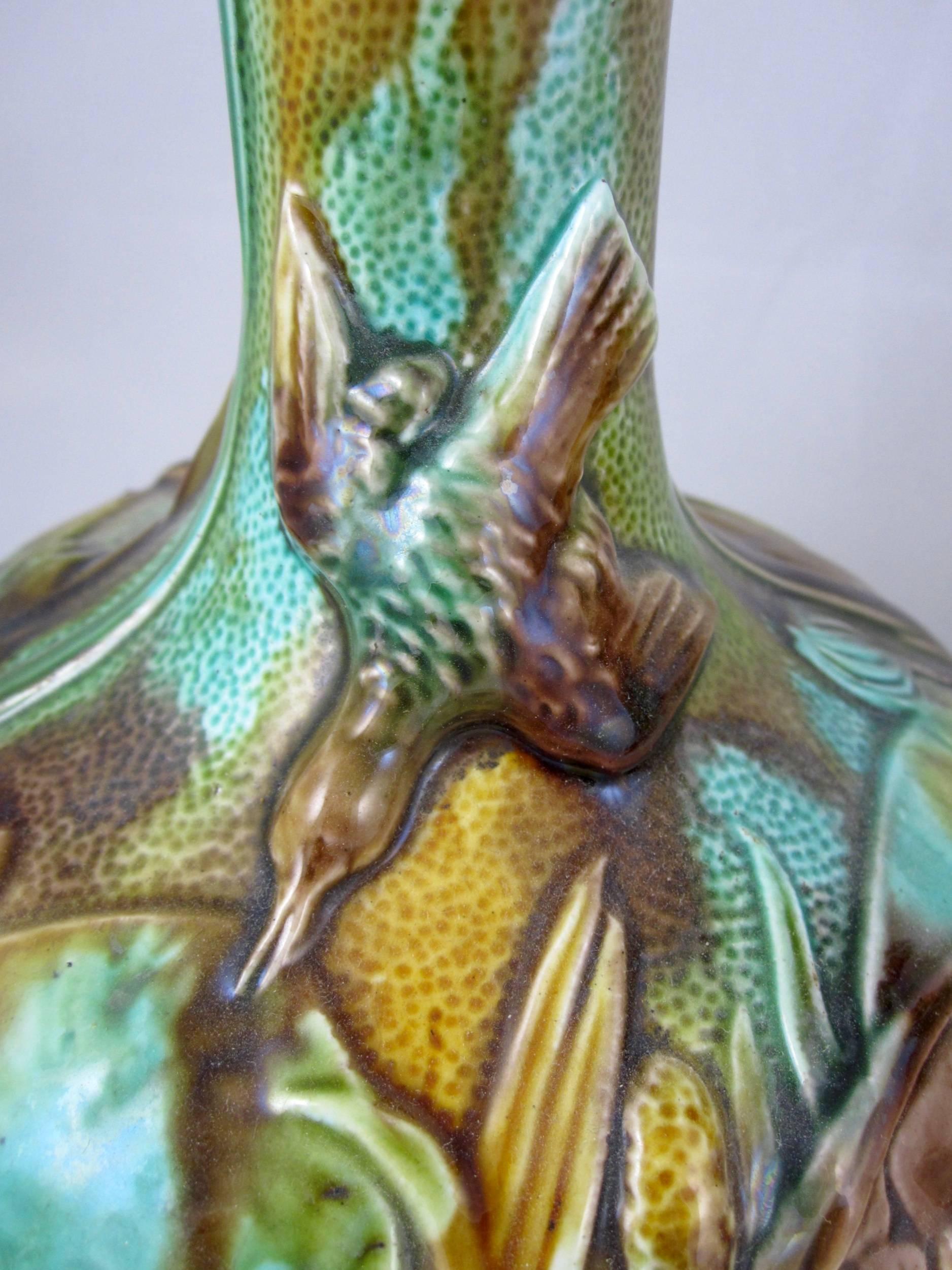 Late 19th Century 19th Century Thomas Forester English Majolica Bird Finial Wine Decanters, a Pair