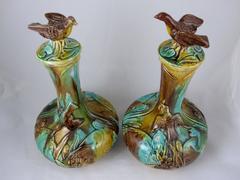 19th Century Thomas Forester English Majolica Bird Finial Wine Decanters, a Pair