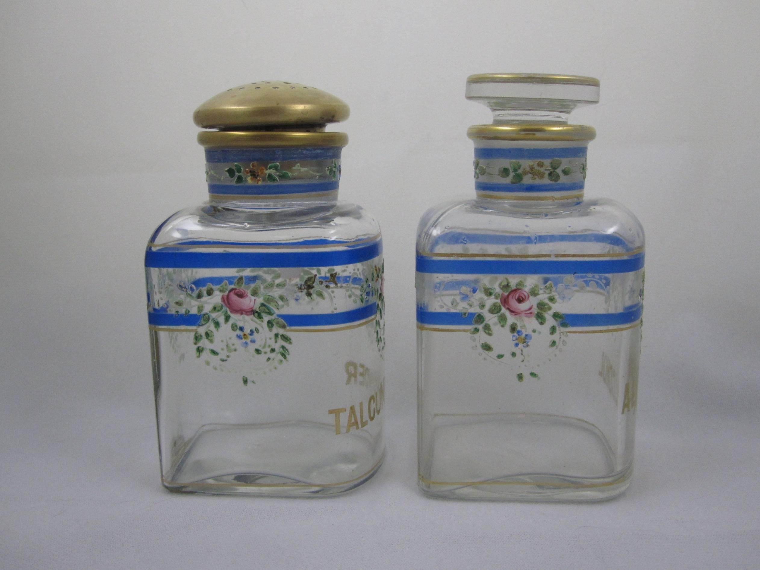19th Century A.H. Heisey Hand-Enameled Floral Roses and Gilded Glass Vanity Bottles, a Pair