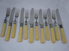 Oversized Sterling Collar and Celluloid Handled Knives and Forks, Set of 12