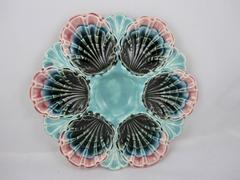 Französischer Longchamp-Austernteller aus Majolika mit sechs Wellen in Türkis, großformatig