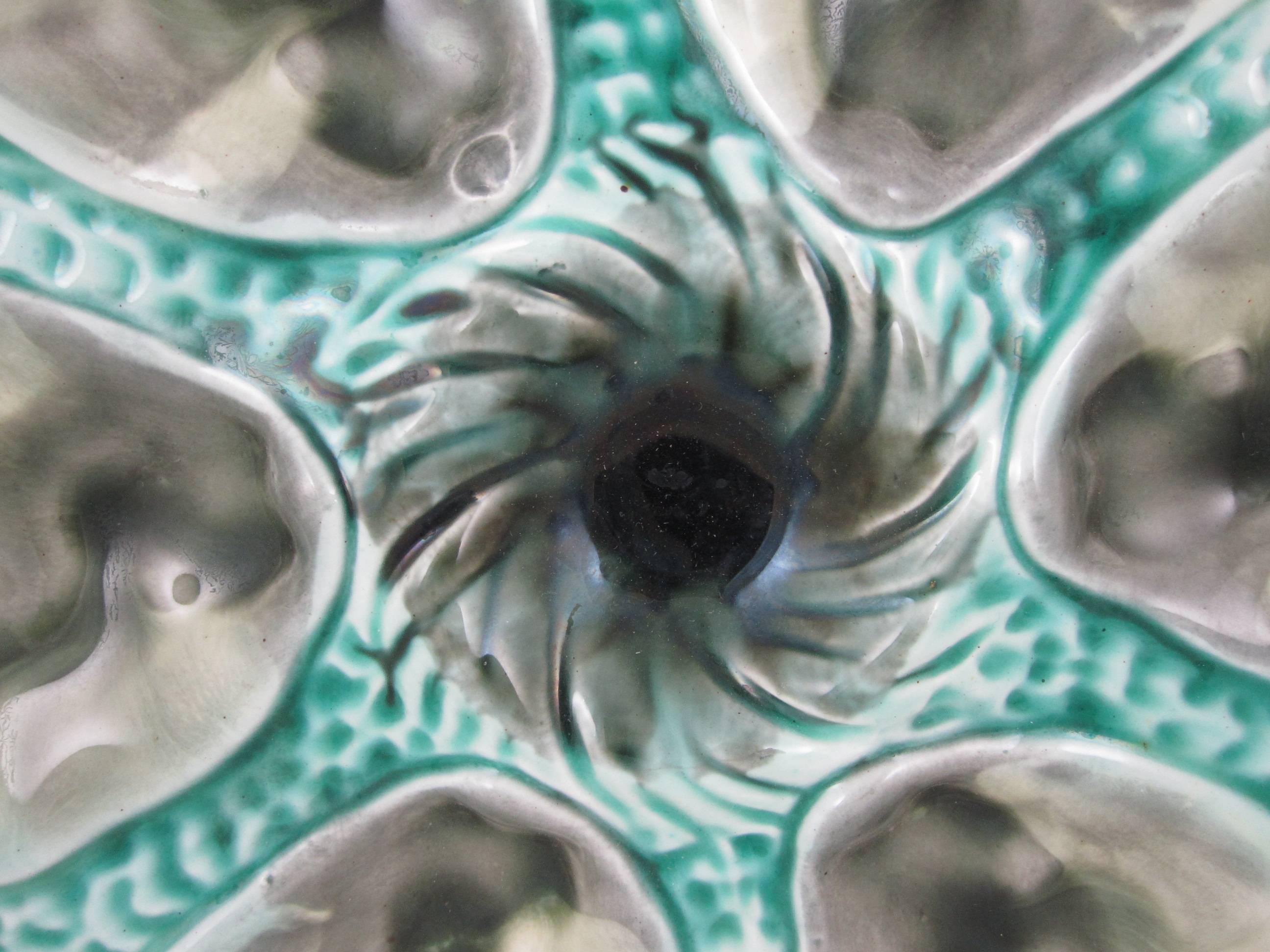 Aesthetic Movement French Majolica Orchies Turquoise and Gray Six-Well Oyster Plate, circa 1890