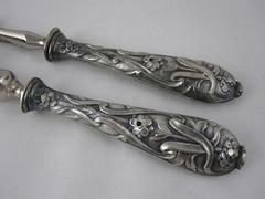 Beaux Arts French Silver Manche a Gigot D'agneau Carving Fork and Bone Clamp S/2