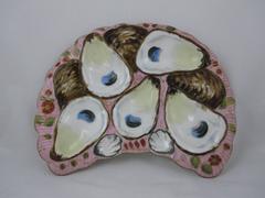Porcelain Crescent Shape Deep Pink Hand-Painted Floral Oyster Plate