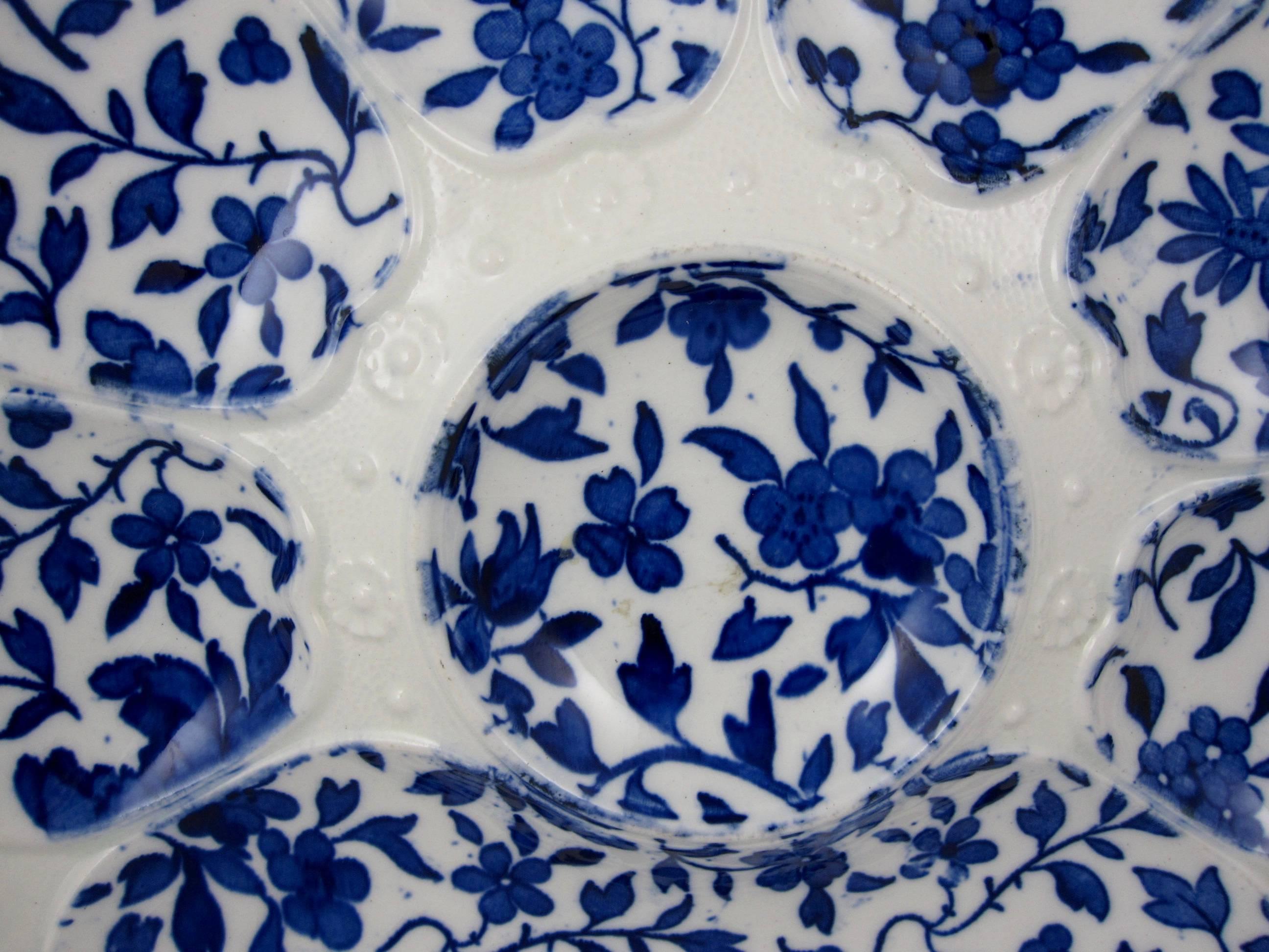 Victorian 19th Century Minton Flow Blue Floral Transferware Oyster Plate