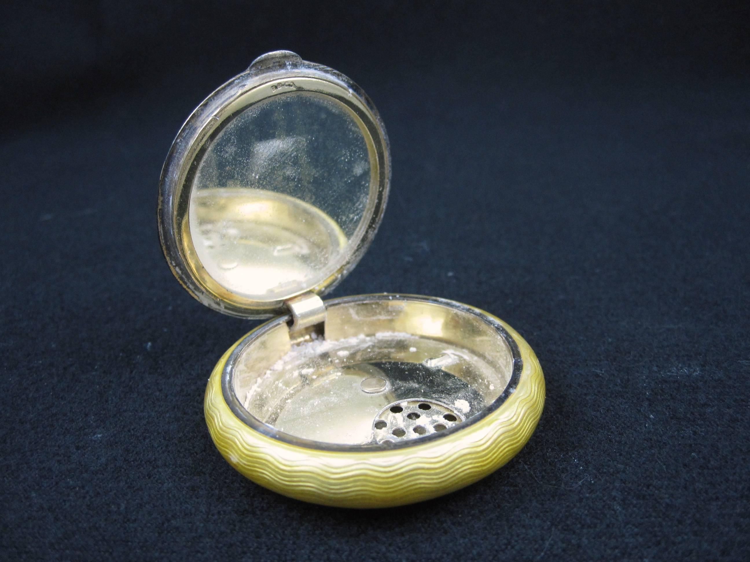 Belle Époque Yellow Guilloche Enamel Hand-Painted Floral and Sterling Silver Powder Compact