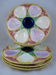 19th Century Majolica Six-Well Coral and Seaweed Bed Oyster Plates, Set of Four