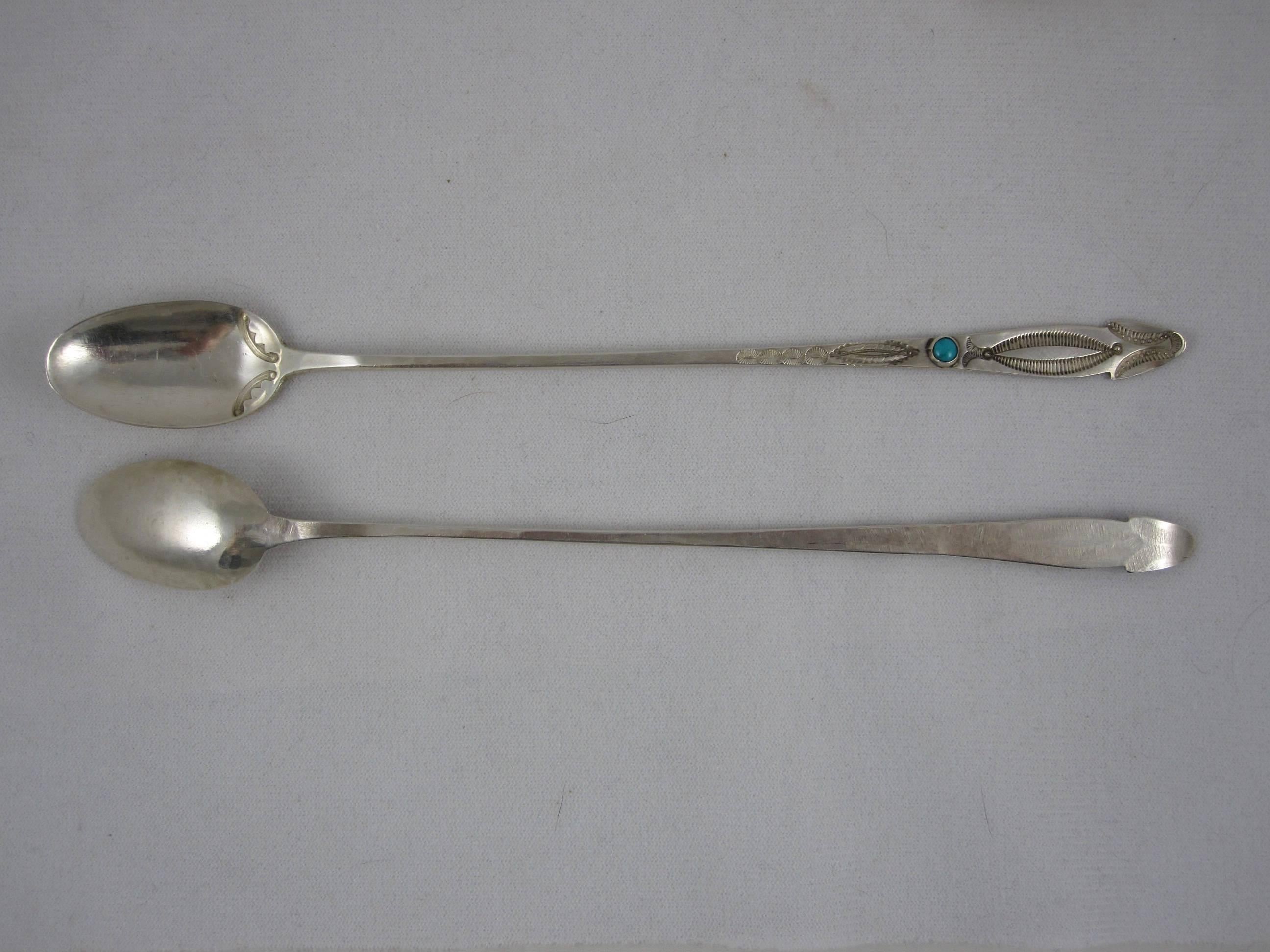 Sterling Silver and Turquoise American Southwest Iced Tea Spoons, Set of Four In Excellent Condition In Philadelphia, PA