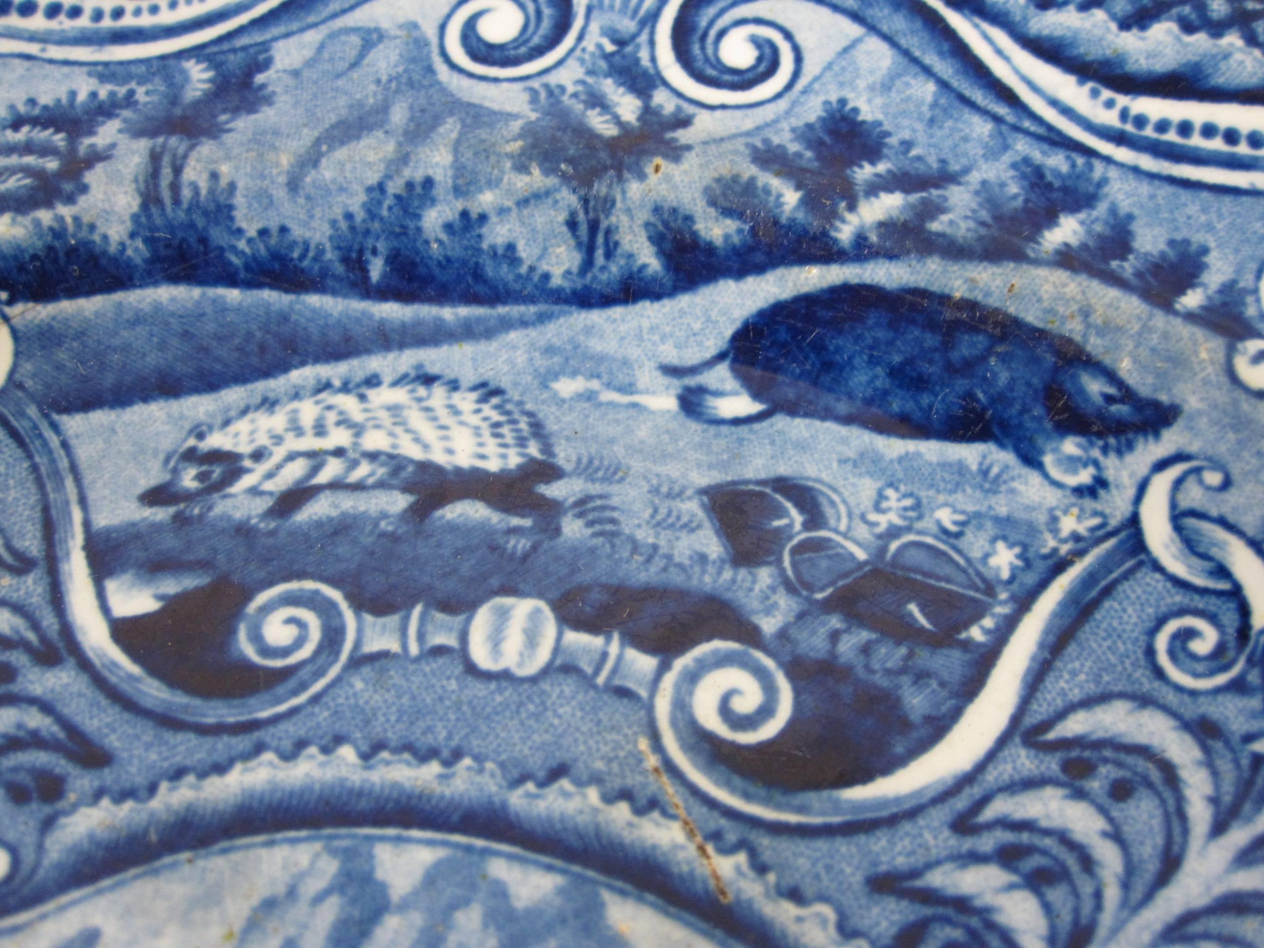 Glazed  John Hall & Sons Staffordshire Quadruped Blue Transfer Plate, the River Otter