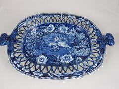 19th Century John Hall & Sons 'Fisherman's Family' Blue Transfer Reticulate Tray