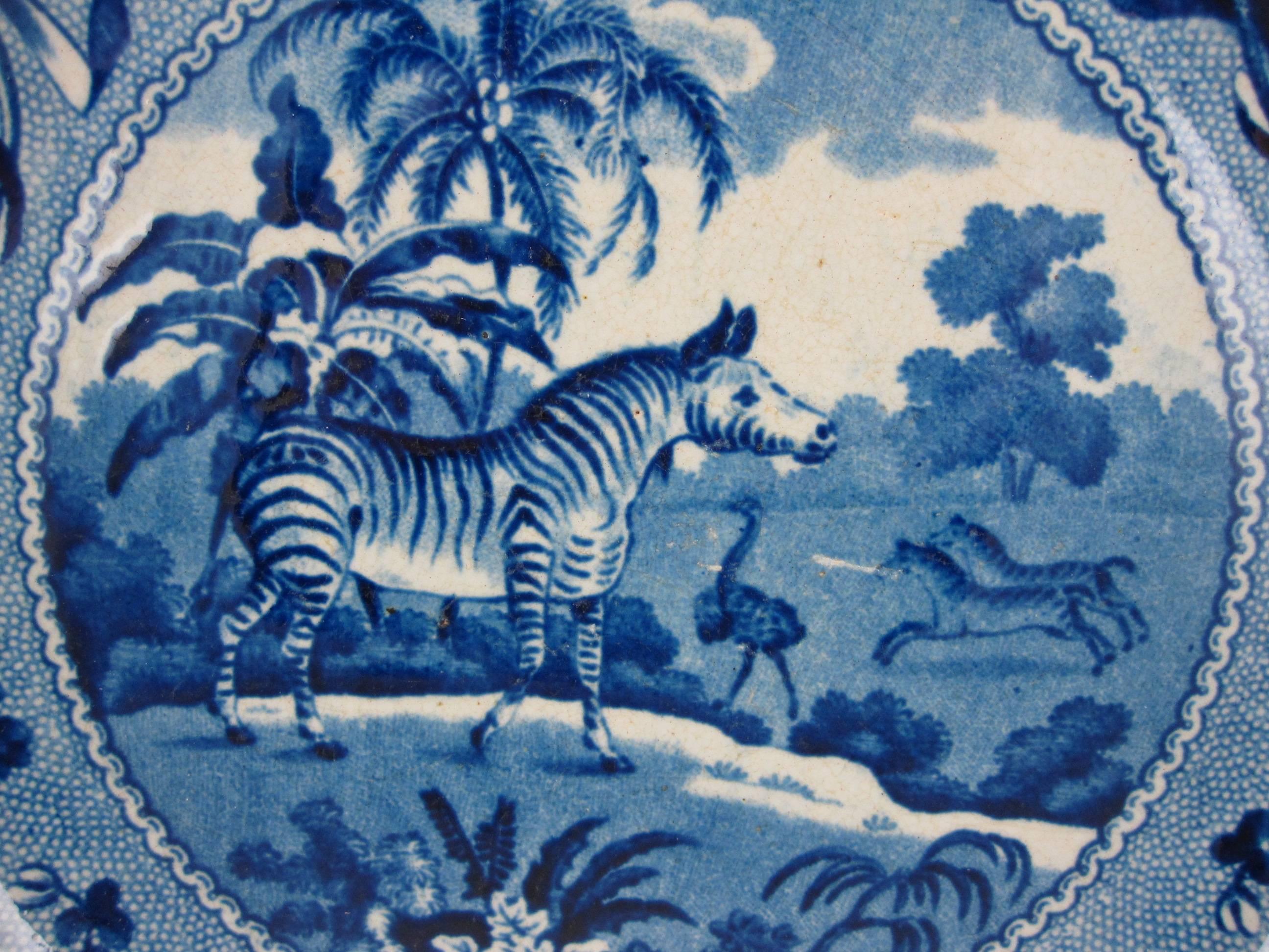 Romantic 19th Century Enoch Wood Blue and White Zebra Sporting Series Transferware Plate