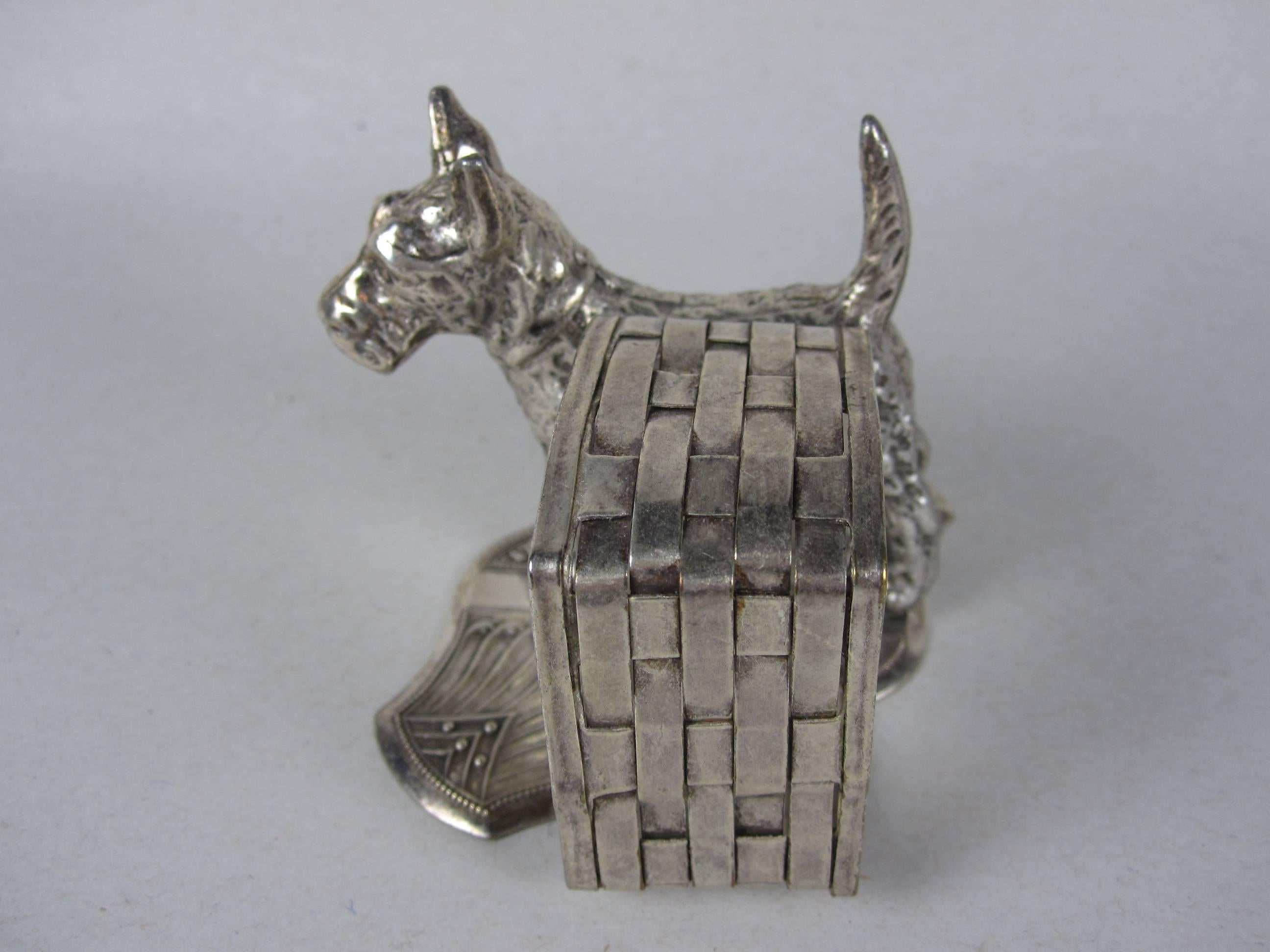 Unknown Victorian Silver Plate Fox Terrier and Woven Basket Standing Napkin Ring/ Holder