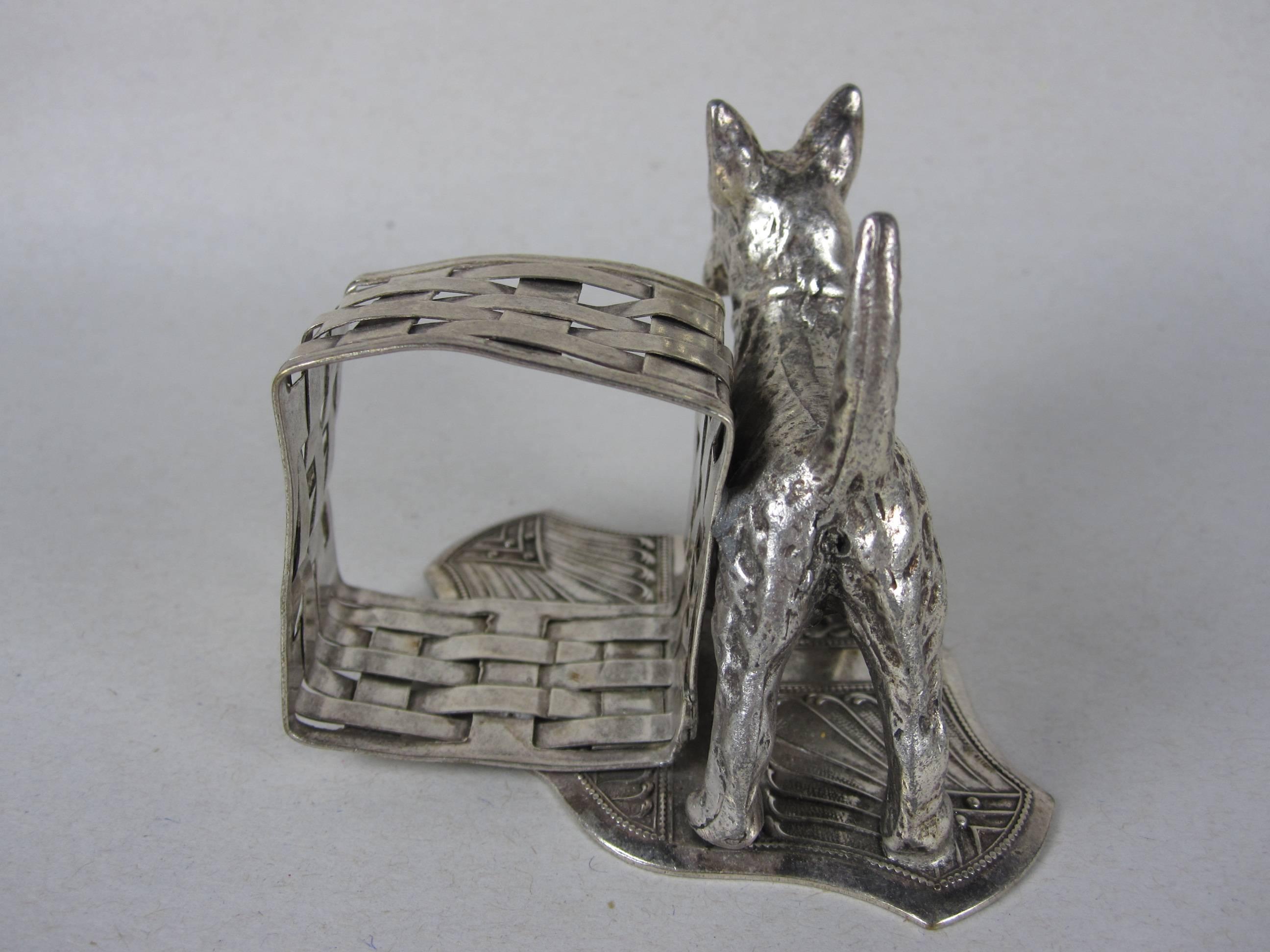 Cast Victorian Silver Plate Fox Terrier and Woven Basket Standing Napkin Ring/ Holder