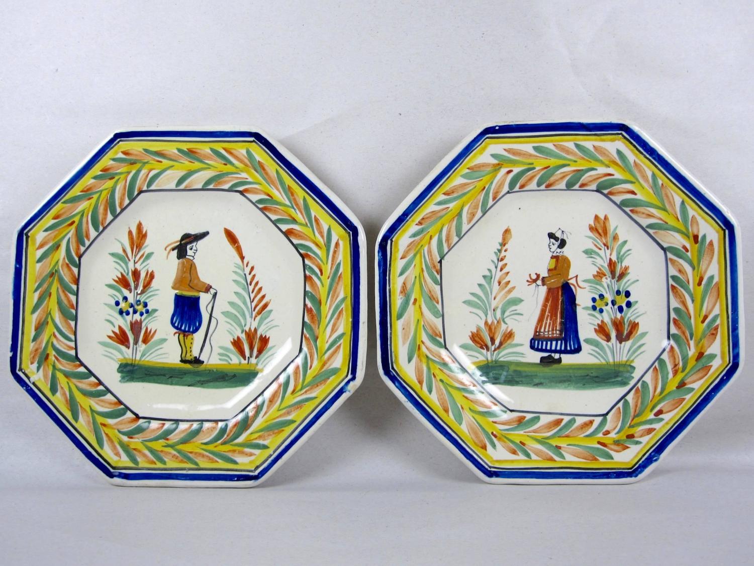 Henriot Quimper Octagonal Breton Vintage Faience Plates, France, Set of