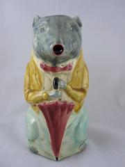 19th Century French Barbotine Majolica Pottery Pitcher City Badger with Umbrella