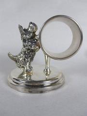 Antique Victorian Silver Plate Scotty Dog and Barrel Standing Napkin Ring Holder