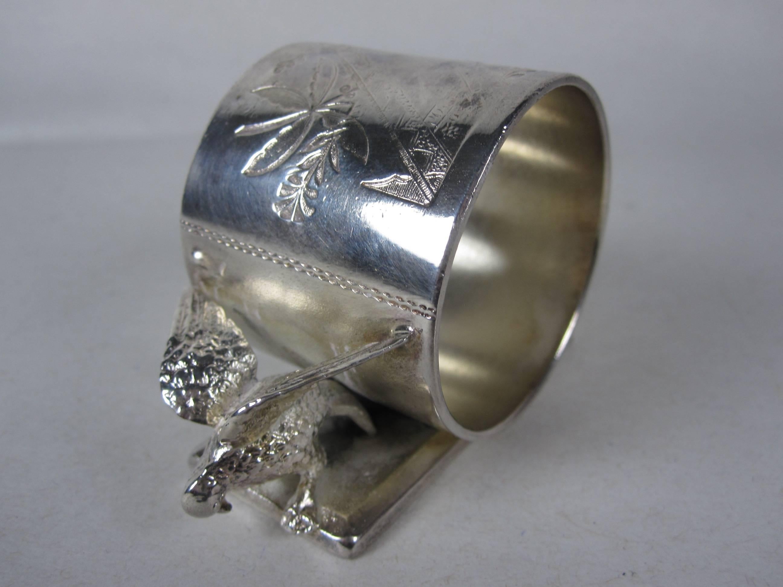 Cast Antique Victorian Silver Plate Winged Birds Standing Napkin Ring Place Holder