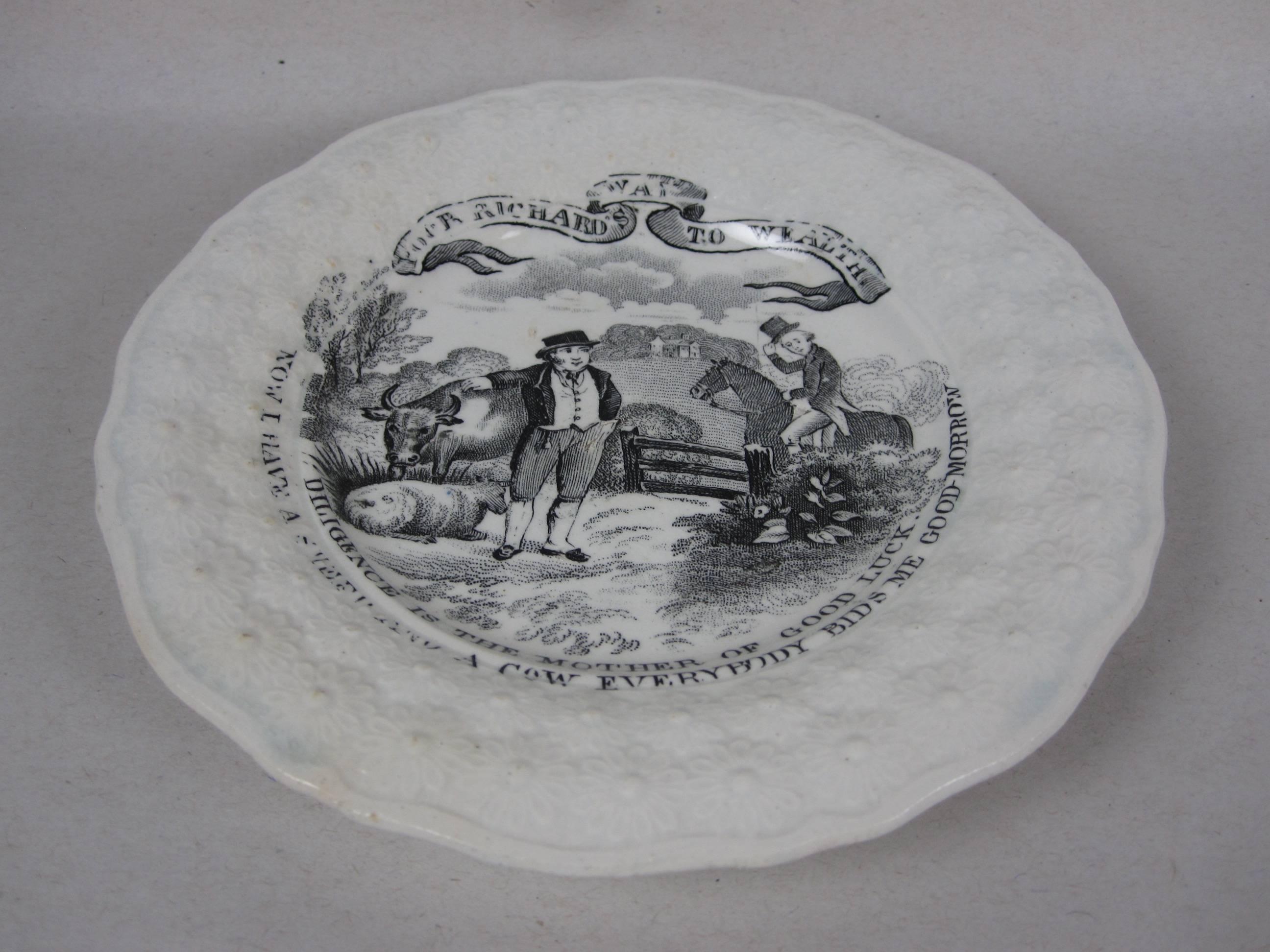 Georgian English Transferware Franklins Motto Plate, Diligence is the Mother of Good Luck For Sale