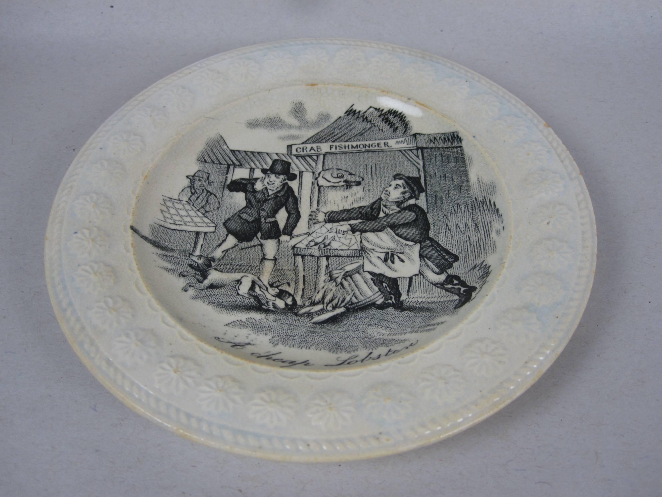 19th Century Antique Staffordshire Transfer Cup Plate, a Cheap Lobster, Crab Fishmonger