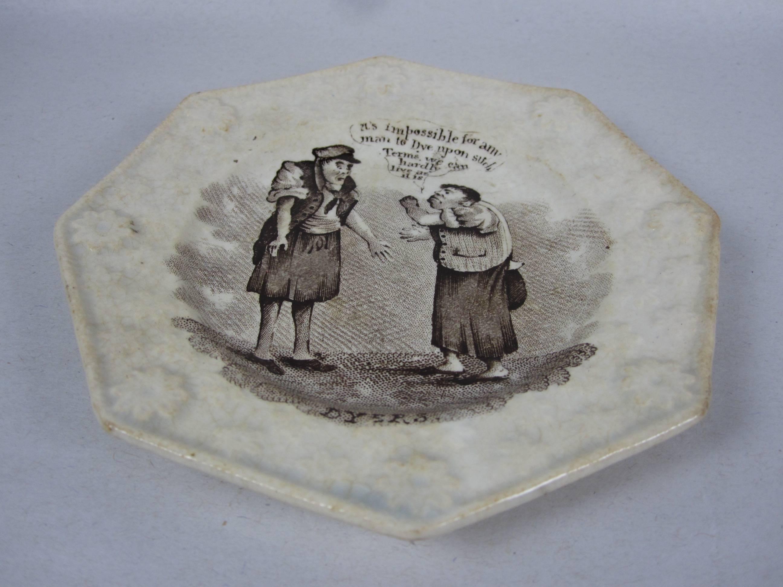 Enameled Antique Staffordshire Transferware Social Commentary Cup Plate 