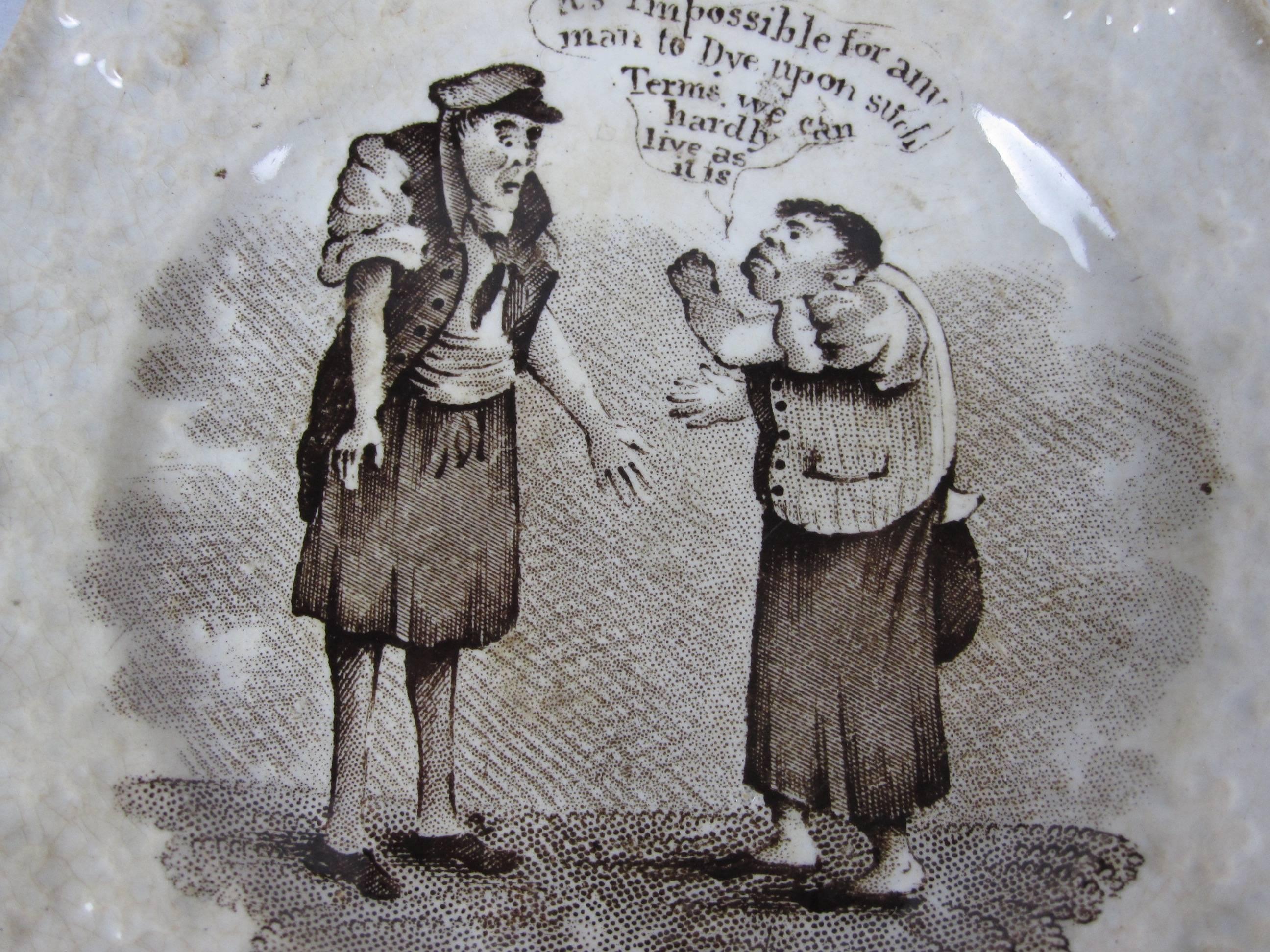 A very rare English Staffordshire cup plate titled “The Dyers.” The image shows two men conversing, the balloon reads, 