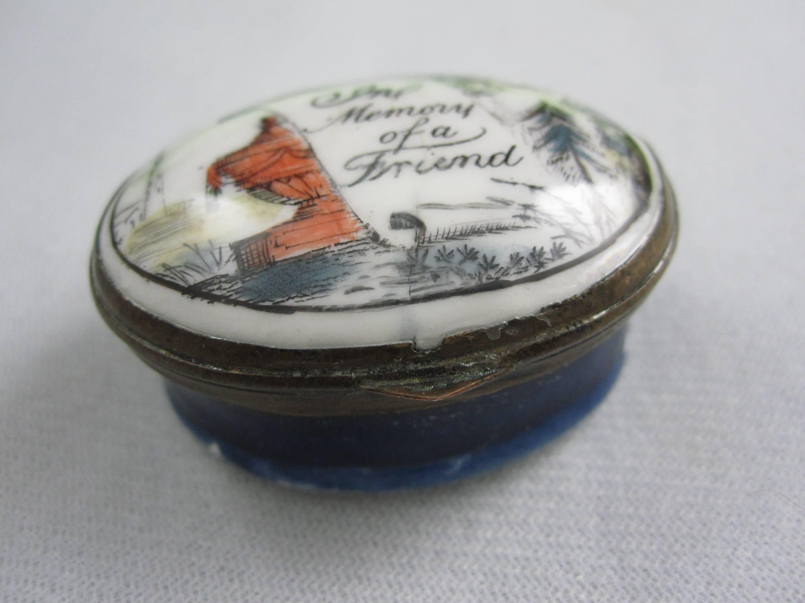 Enameled 18-C English Bilston Battersea Enamel Memento Mori, Memory of a Friend Snuff Box For Sale