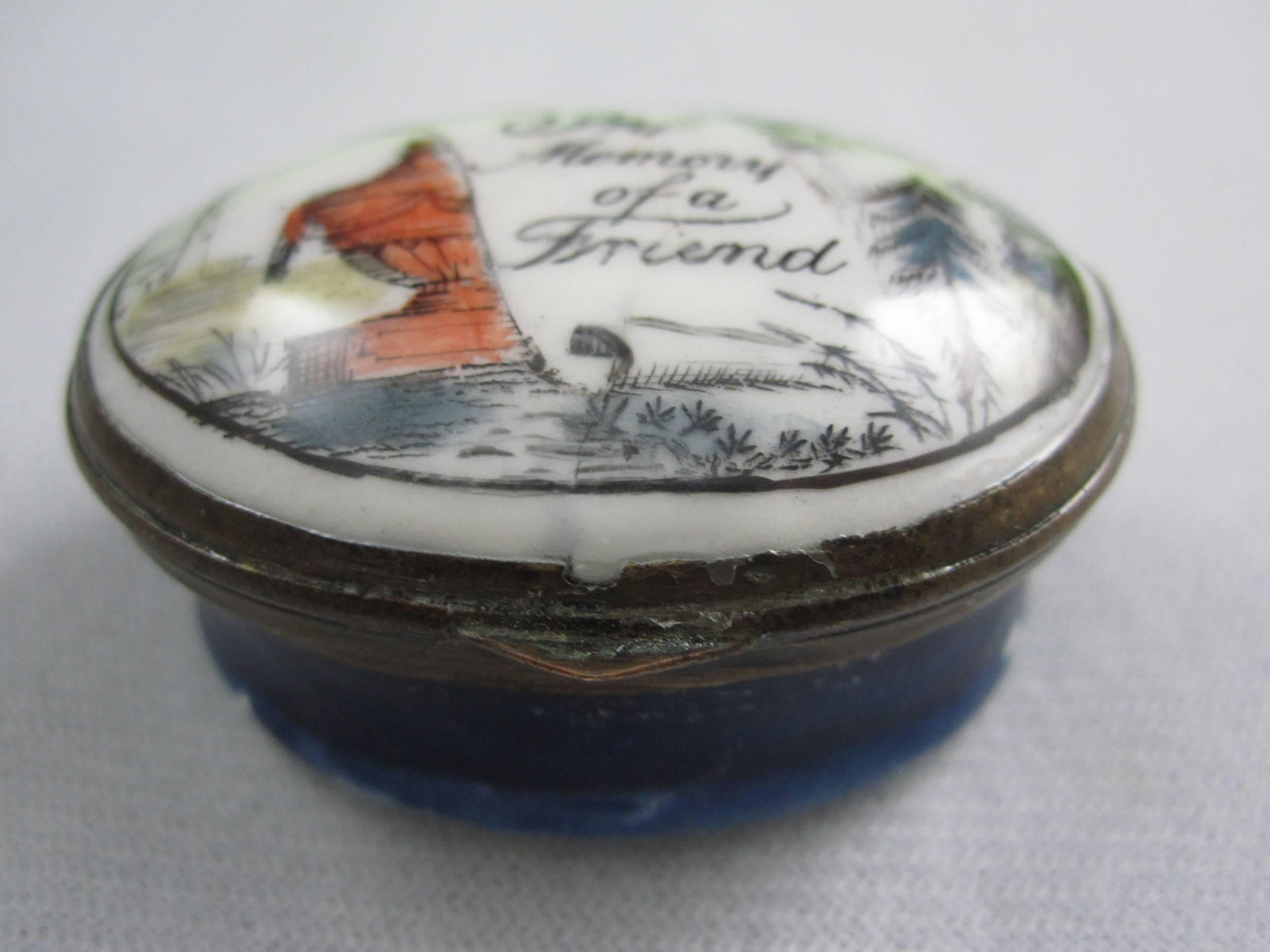 Georgian 18-C English Bilston Battersea Enamel Memento Mori, Memory of a Friend Snuff Box For Sale