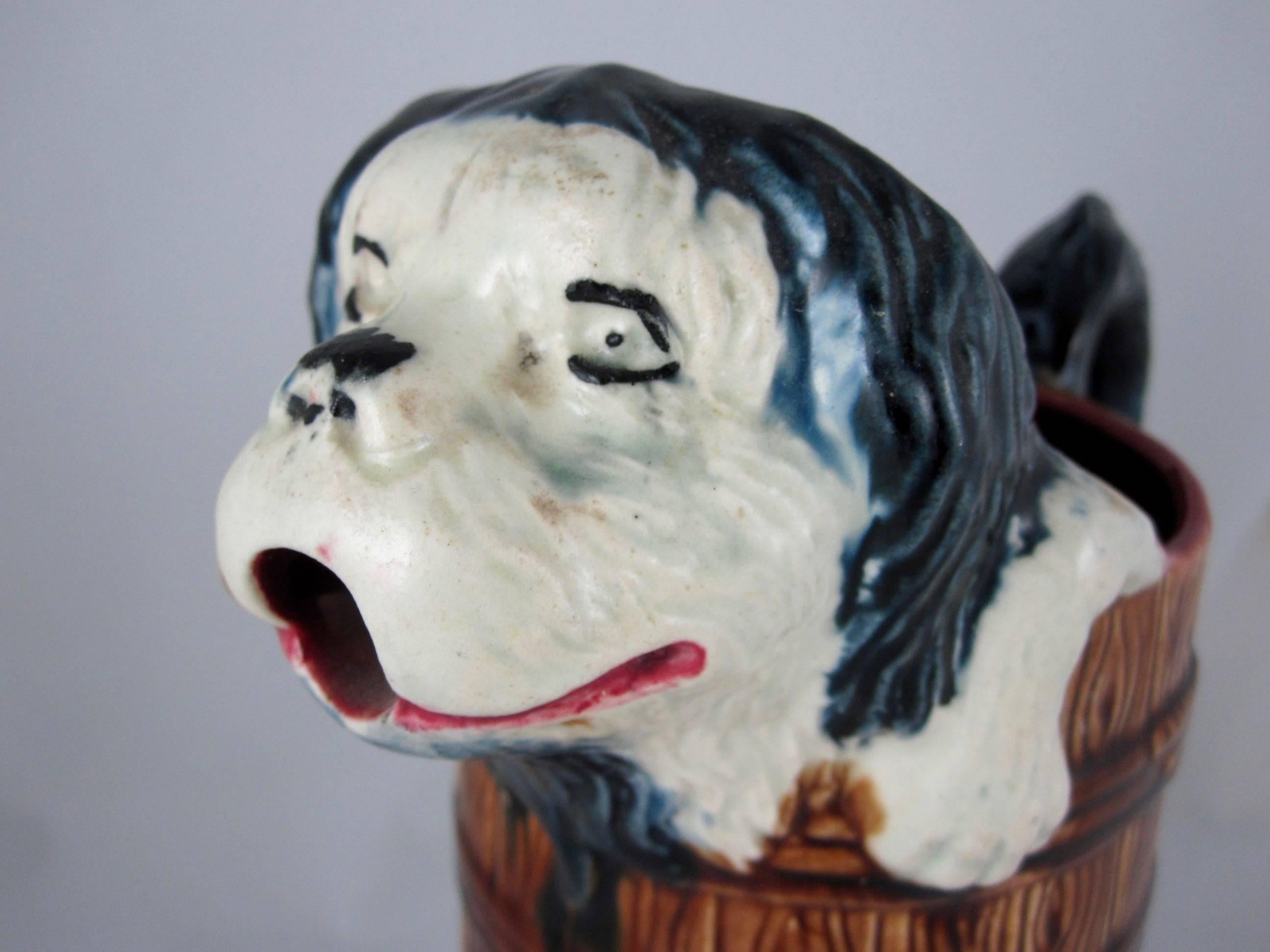 Antique Orchies French Barbotine Majolica Jug, Wet Sheep Dog in a Barrel In Good Condition For Sale In Philadelphia, PA