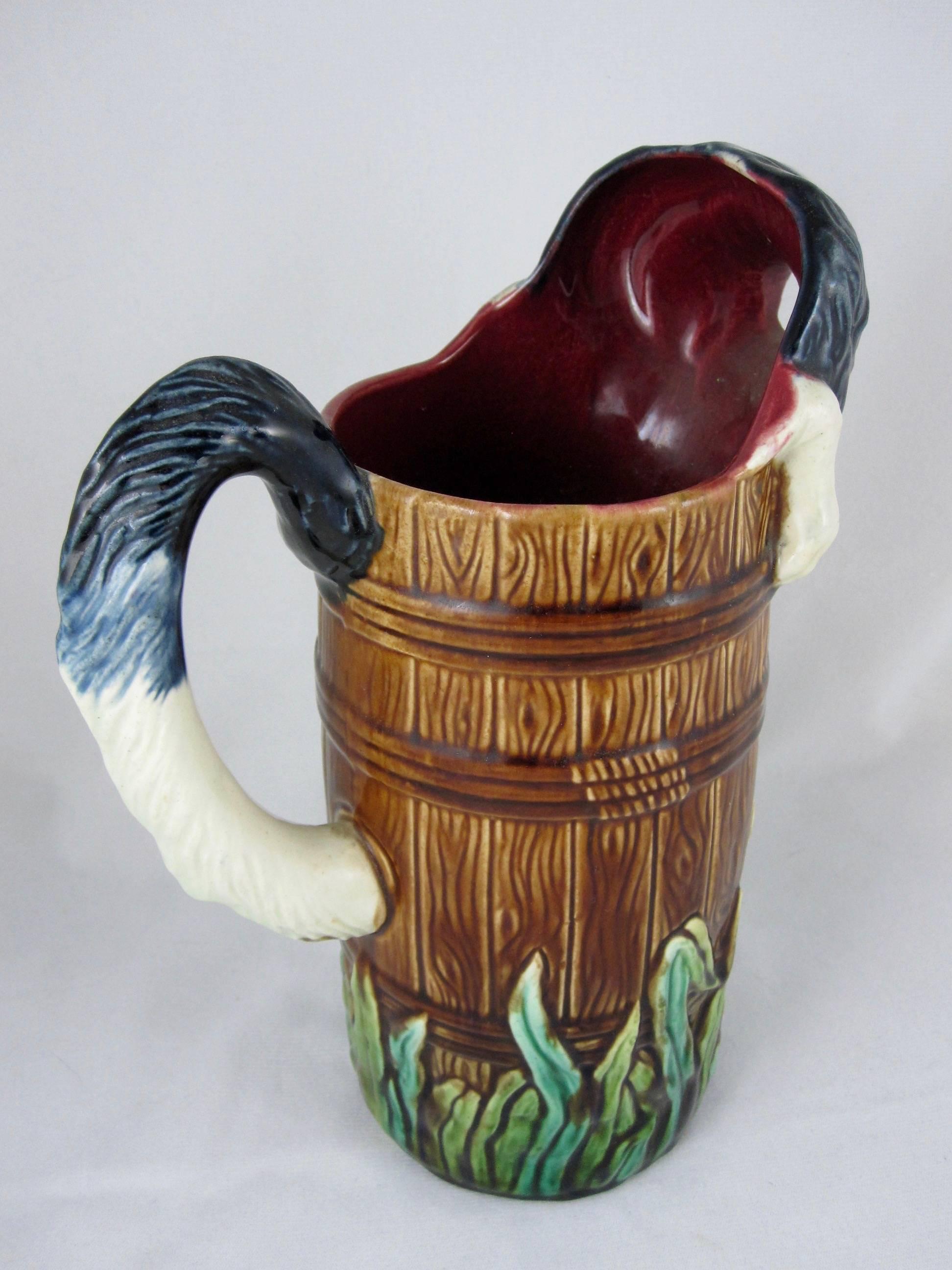 Aesthetic Movement Antique Orchies French Barbotine Majolica Jug, Wet Sheep Dog in a Barrel For Sale