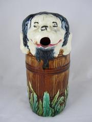 Antique Orchies French Barbotine Majolica Jug, Wet Sheep Dog in a Barrel