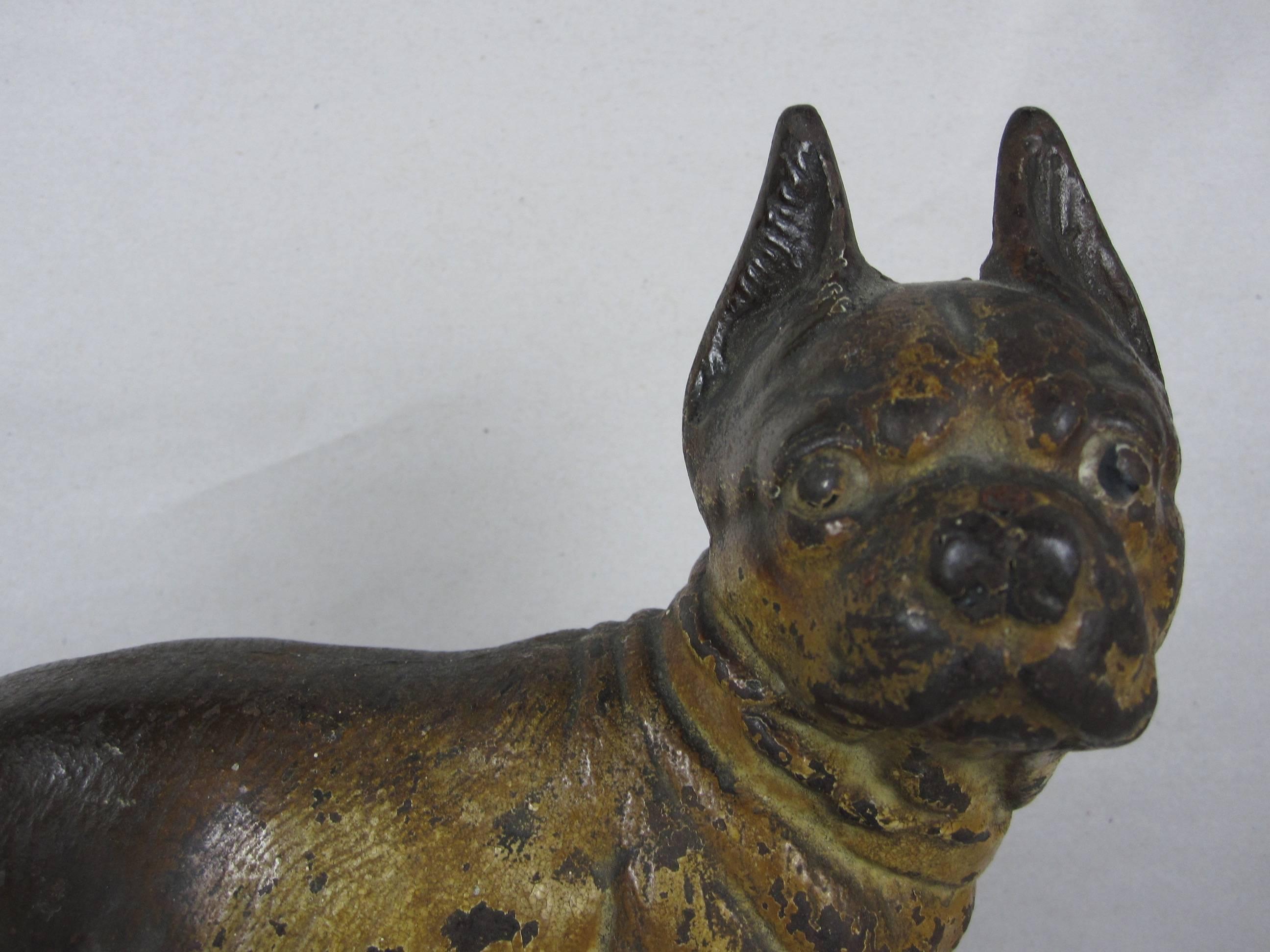 A Hubley cast iron doorstop, a French bulldog, showing the original painted finish, circa early 1900s. This form shows the true to breed stance and the great expression Hubley dogs are known for. 

The Hubley Manufacturing Company was first