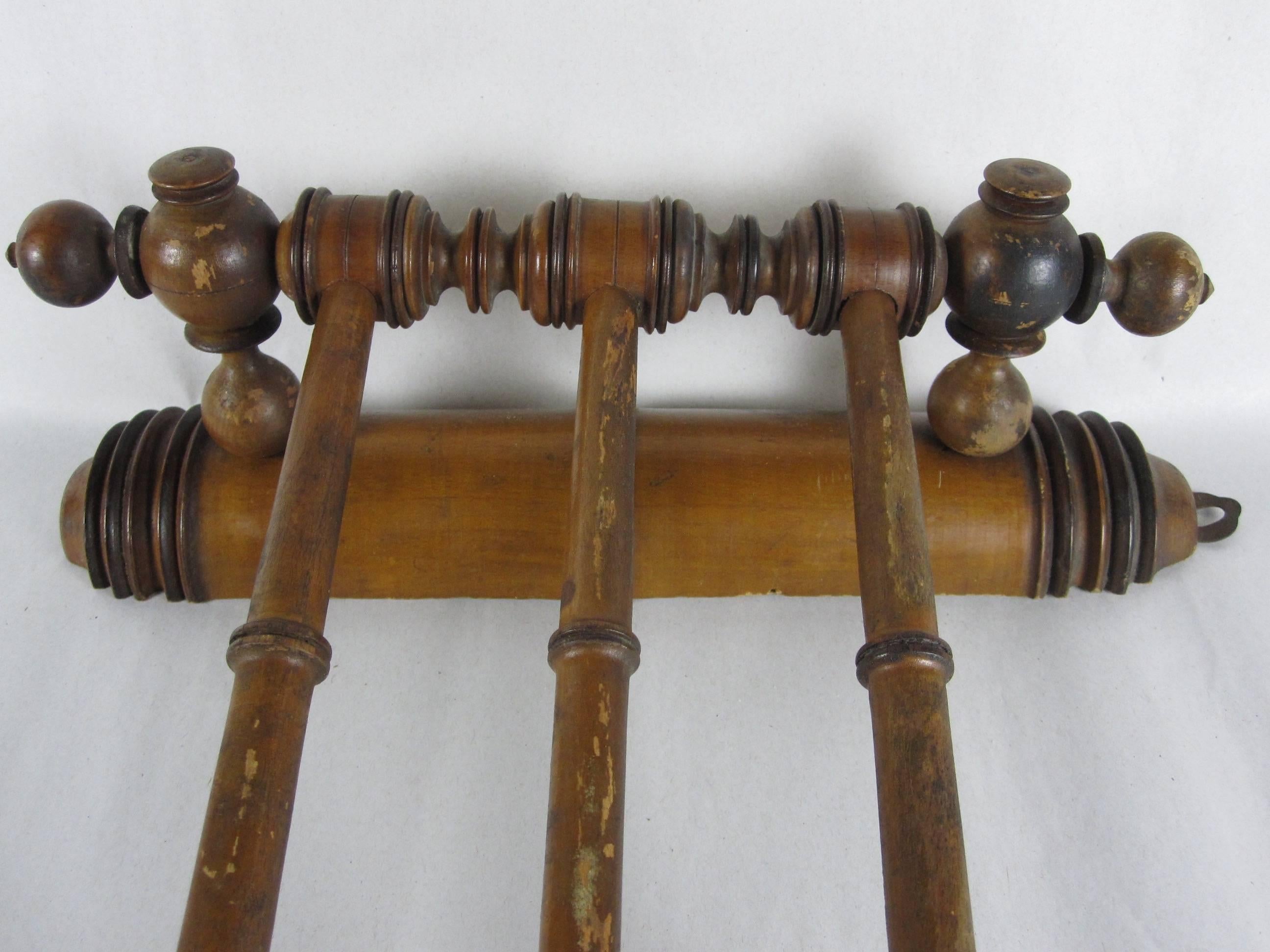 Carved Antique French Faux Bamboo Fruitwood Swing-Arm Hand or Dish Towel Wall Rack