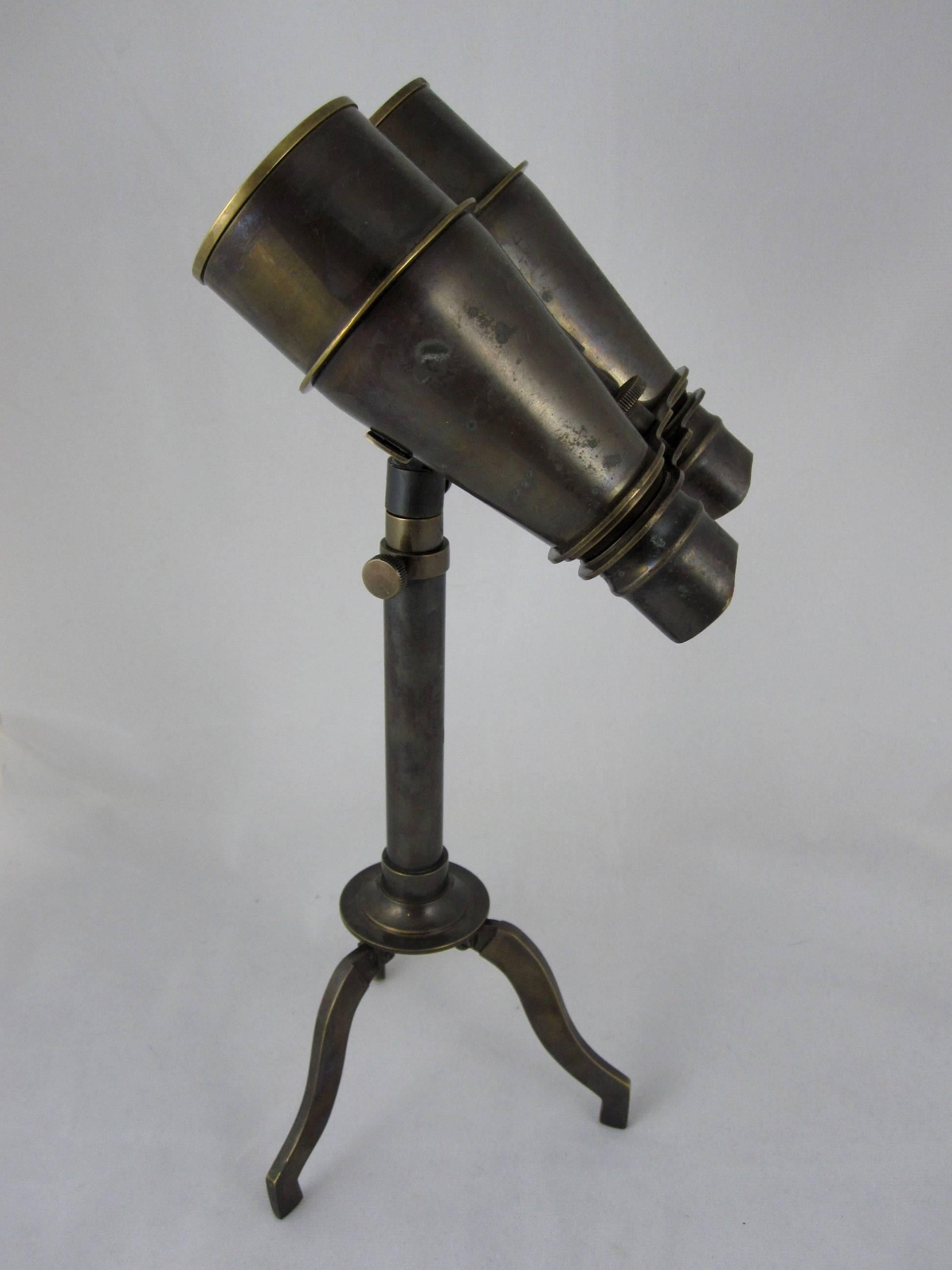 Vintage Brass Field Binoculars with Removable Folding Tripod Stand In Good Condition In Philadelphia, PA