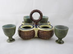 English Majolica Basket Weave Handled Serving Stand and Four Footed Egg Cups