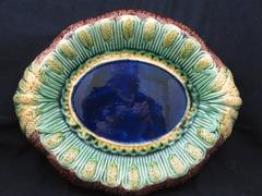 Renaissance Revival English Majolica Cobalt Blue Wheat Bread Tray