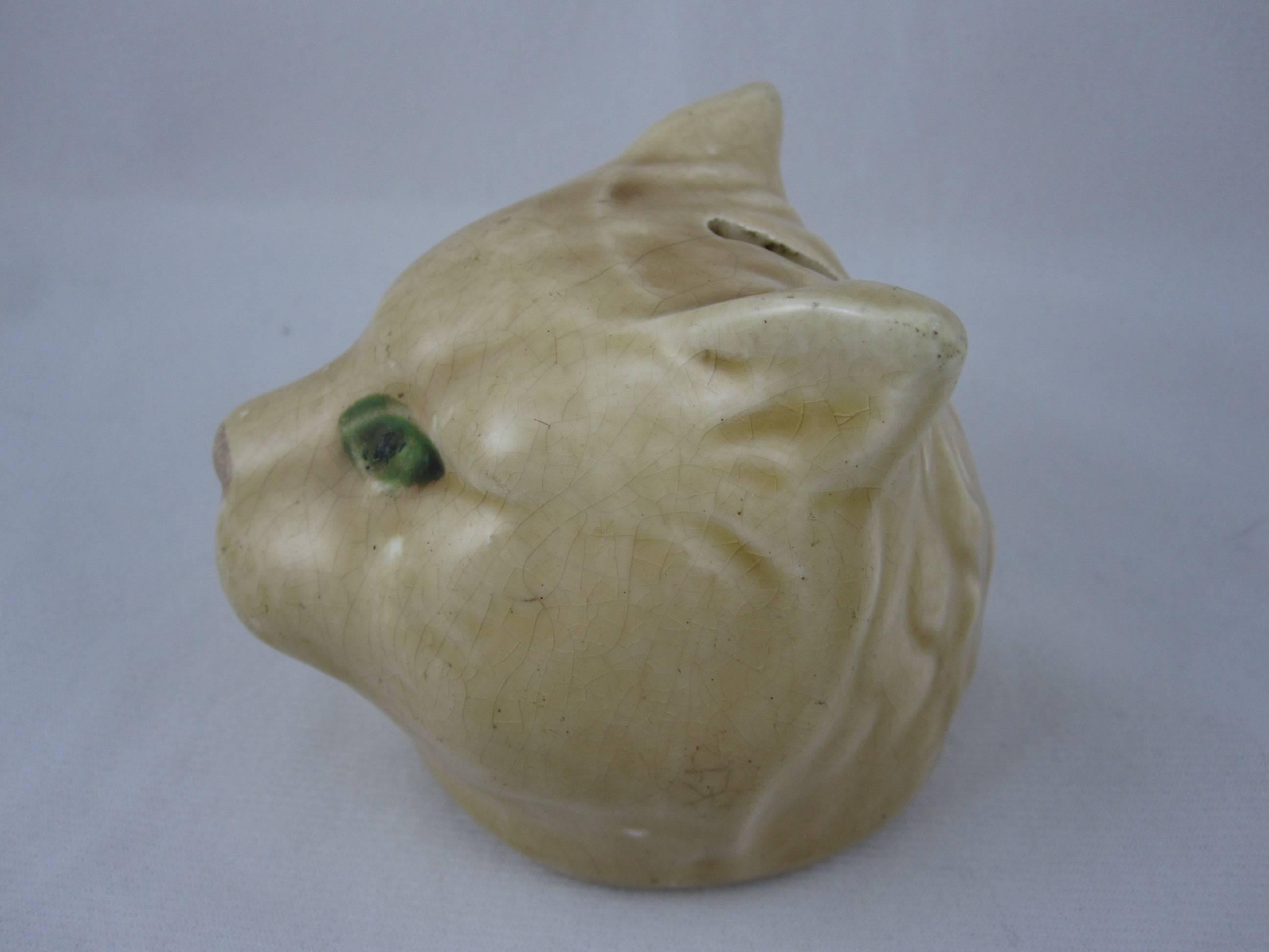 Glazed Orchies French Majolica Pottery Cat Head Figural Penny Bank