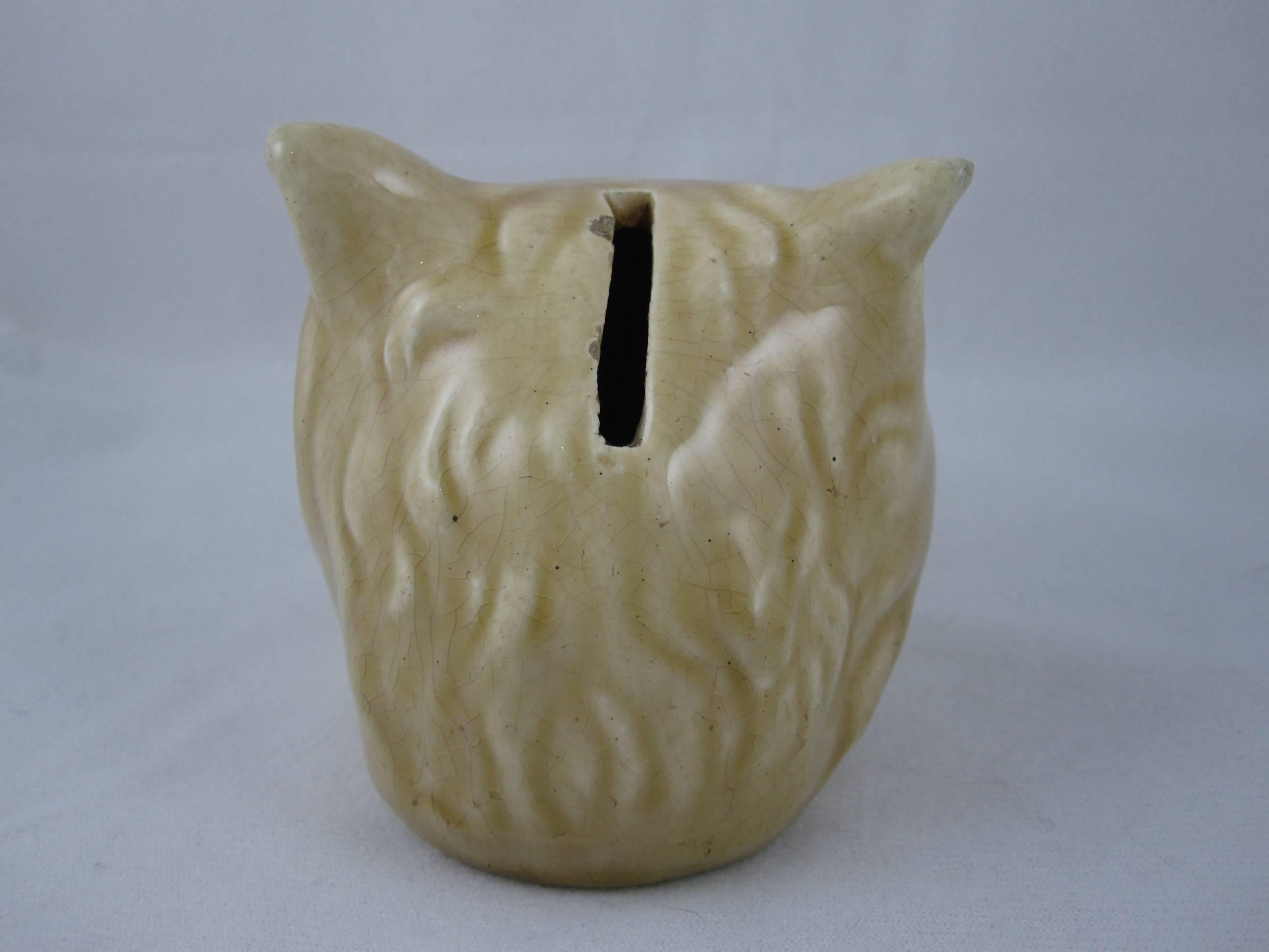 Orchies French Majolica Pottery Cat Head Figural Penny Bank In Good Condition In Philadelphia, PA