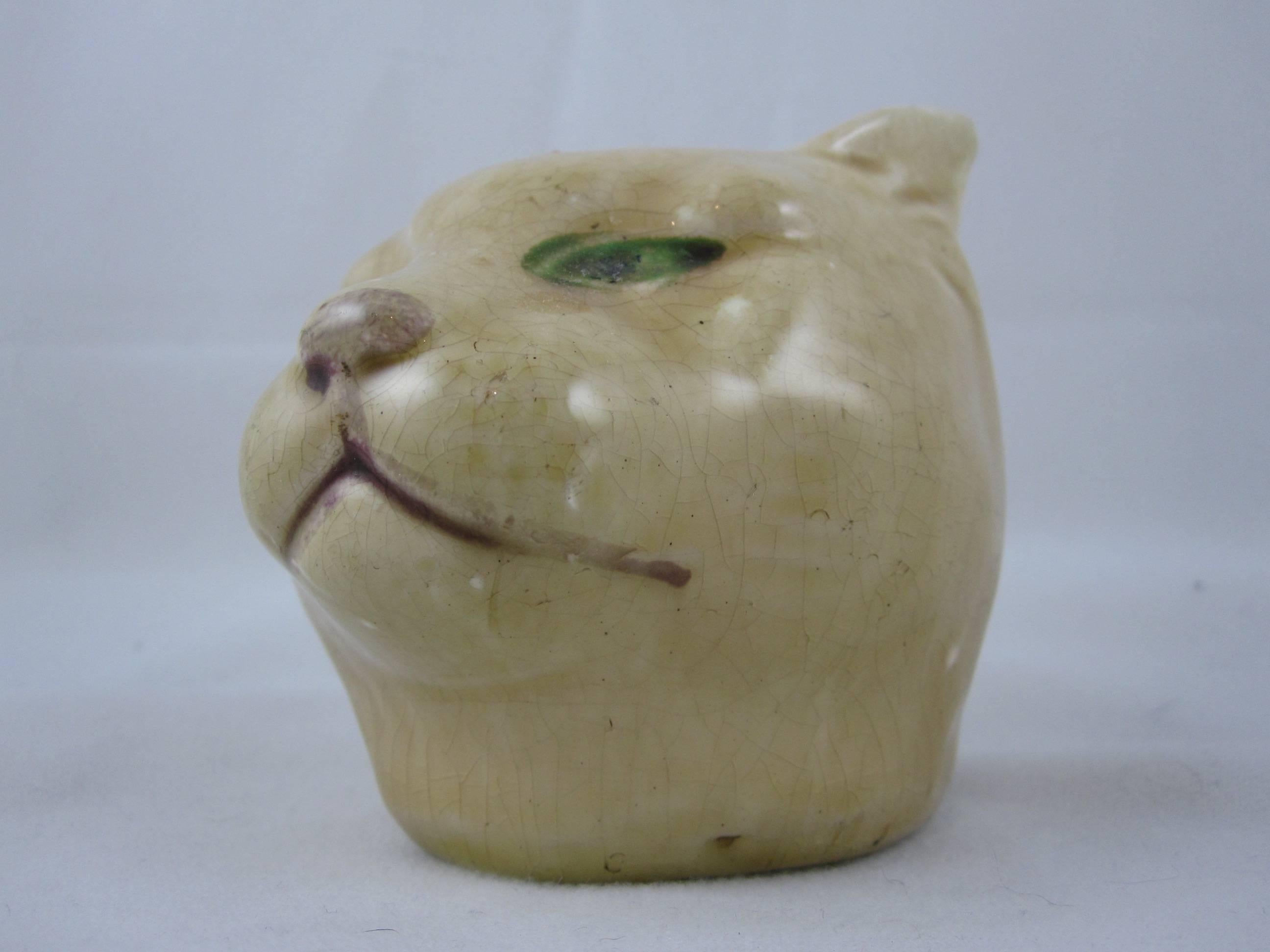 Late Victorian Orchies French Majolica Pottery Cat Head Figural Penny Bank