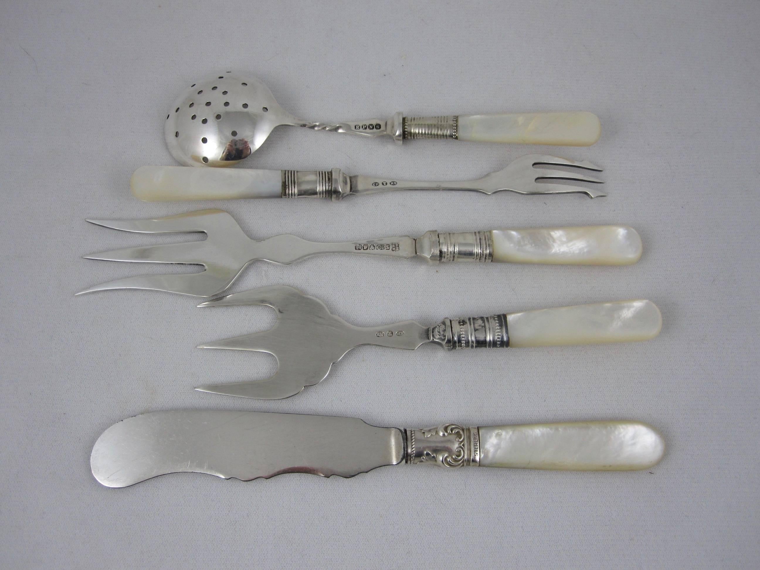 Victorian Assorted English Mother-of-Pearl Handled Sterling Silver and Epns Servers