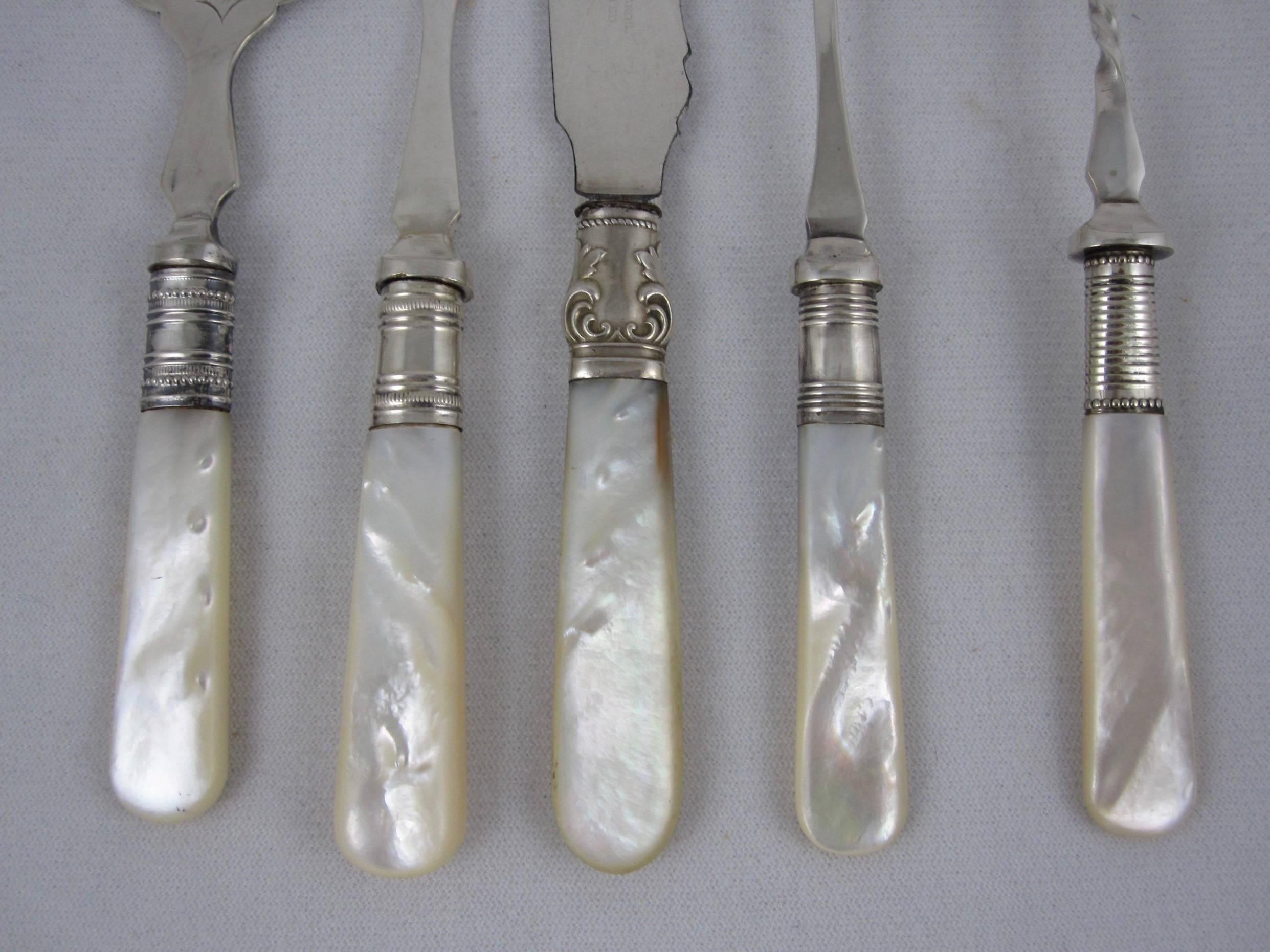 Cast Assorted English Mother-of-Pearl Handled Sterling Silver and Epns Servers