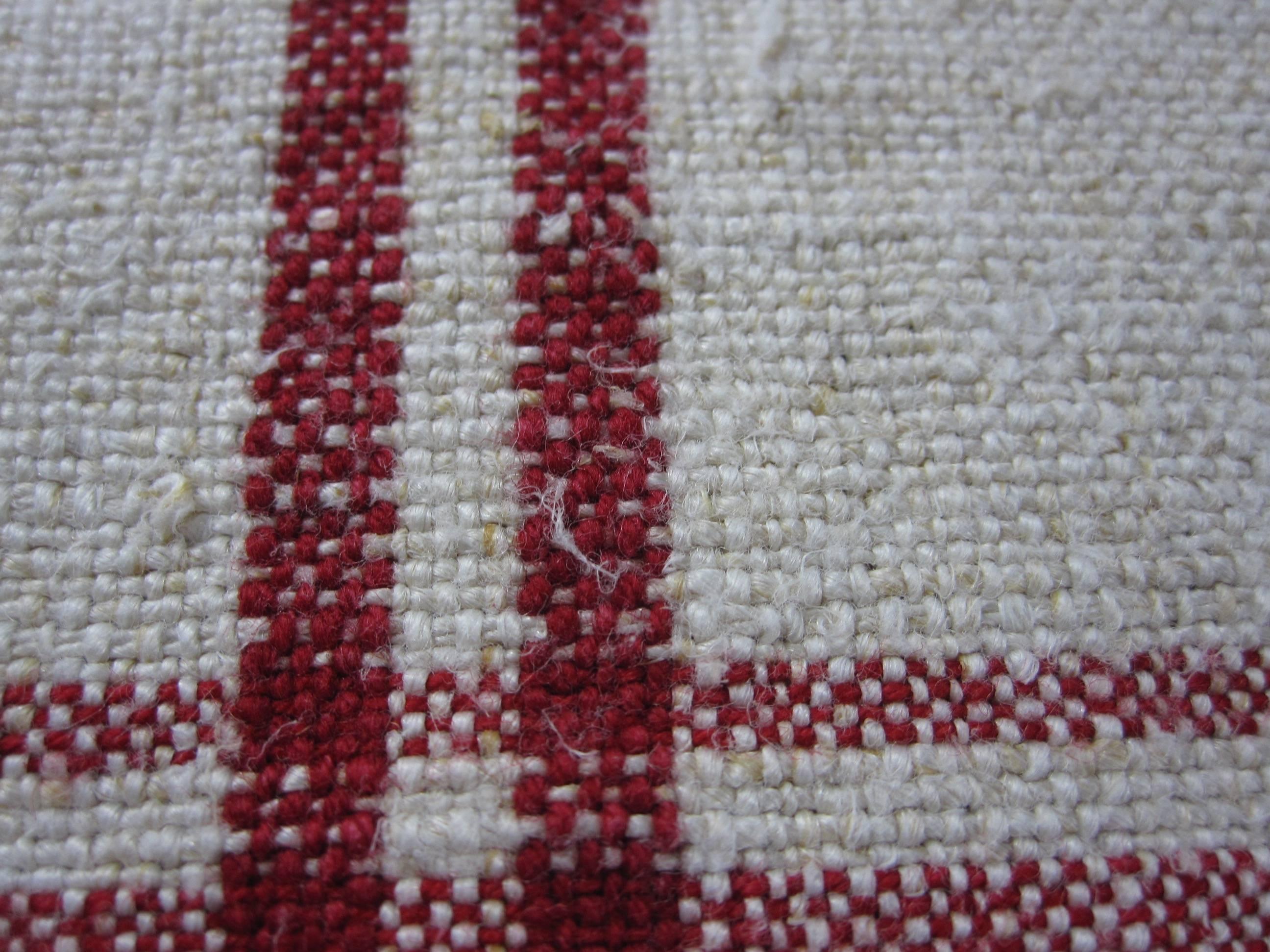 Embroidered French Provençal Rustic Hand-Woven & Initialed Linen Red Kitchen Torchons Towels
