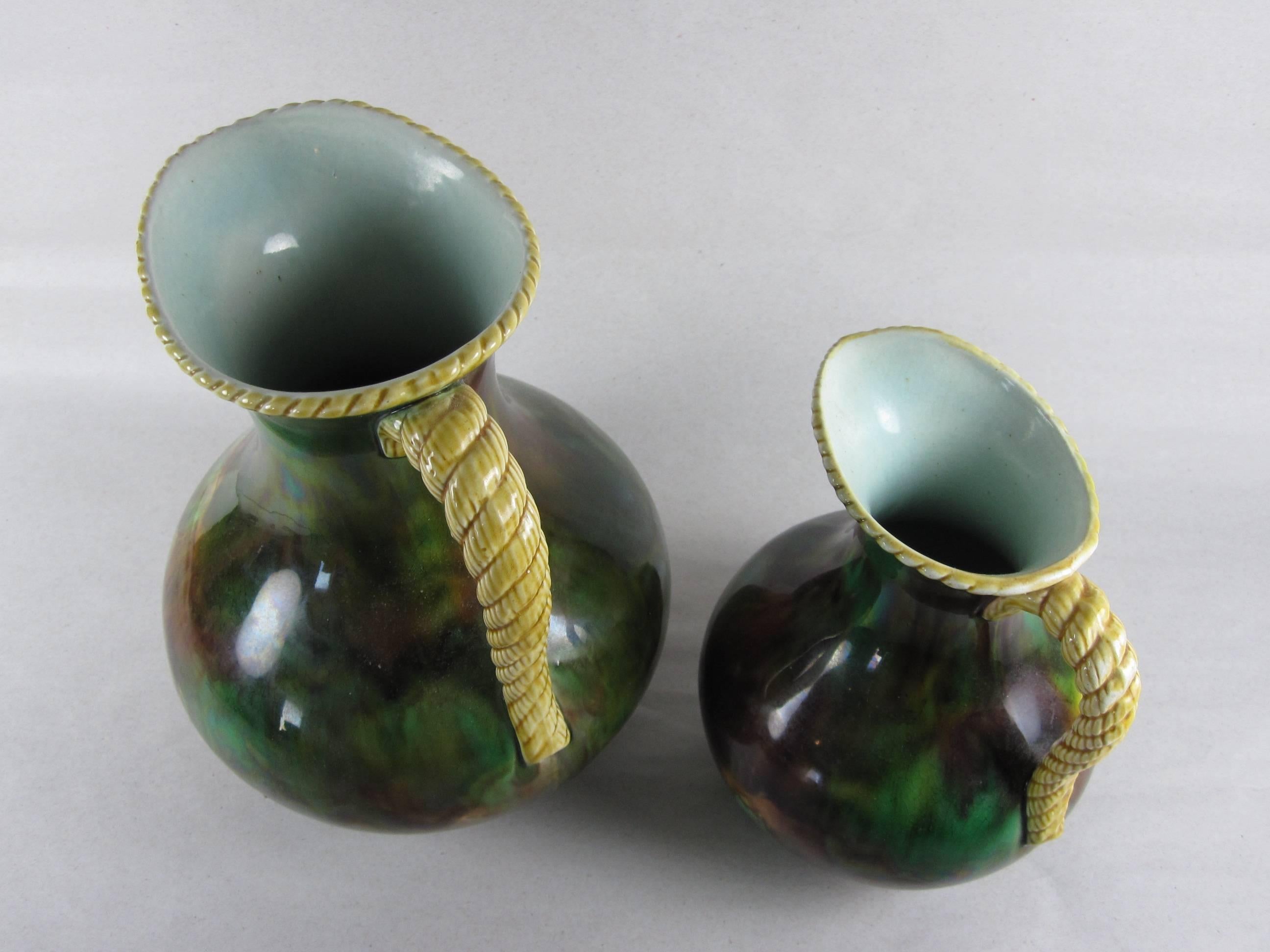 Glazed 19th Century Wedgwood Majolica Rope Handled Mottled Pitchers or Jugs, a Pair