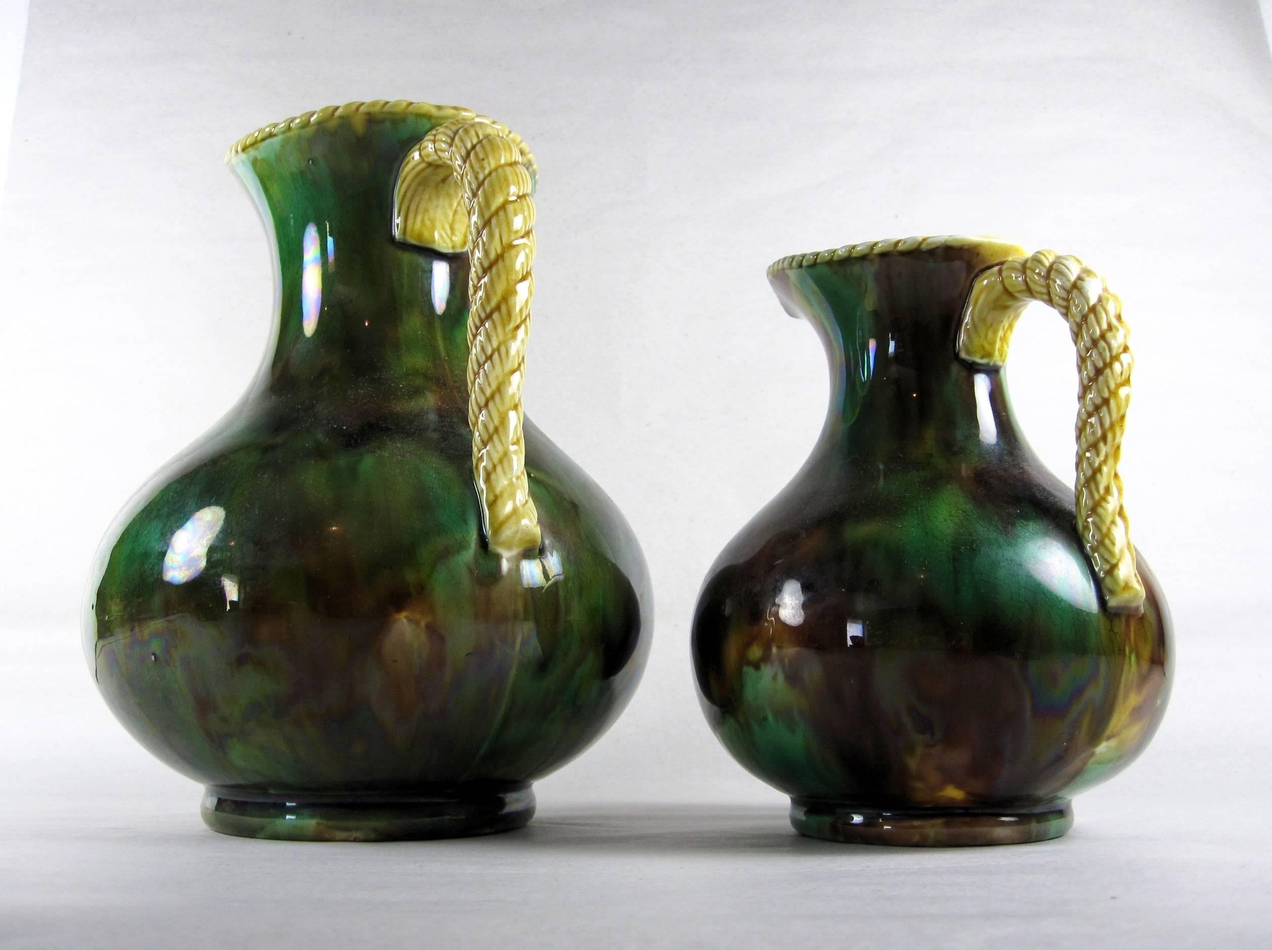 Earthenware 19th Century Wedgwood Majolica Rope Handled Mottled Pitchers or Jugs, a Pair